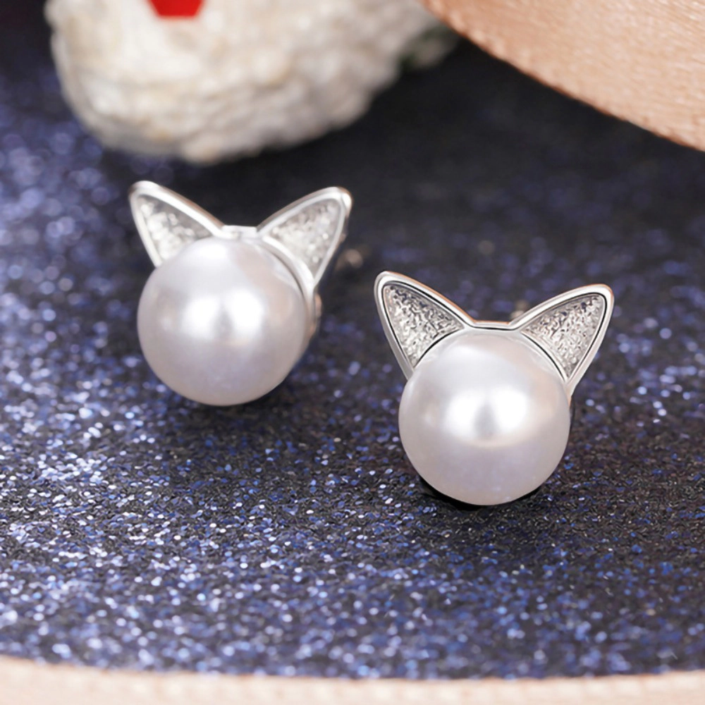 Wardrobe Whimsy Dainty Cat Ear Imitation Pearl Stud Earrings Cute Animal Theme Jewelry