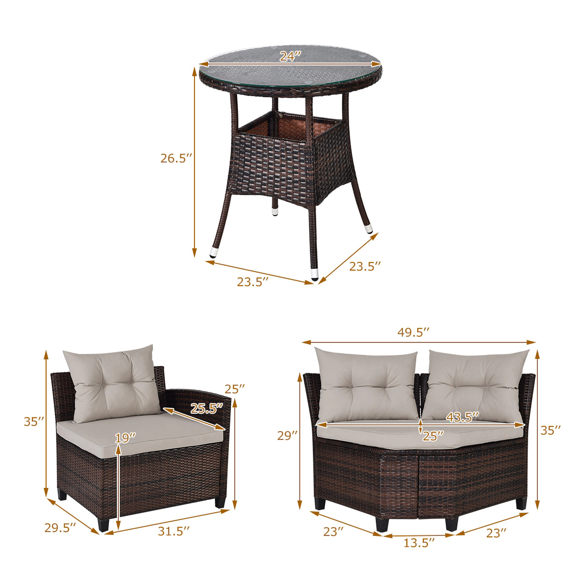 SUGIFT Curved Sectional Seating and Round Table 4-Piece Outdoor Wicker Sofa Set