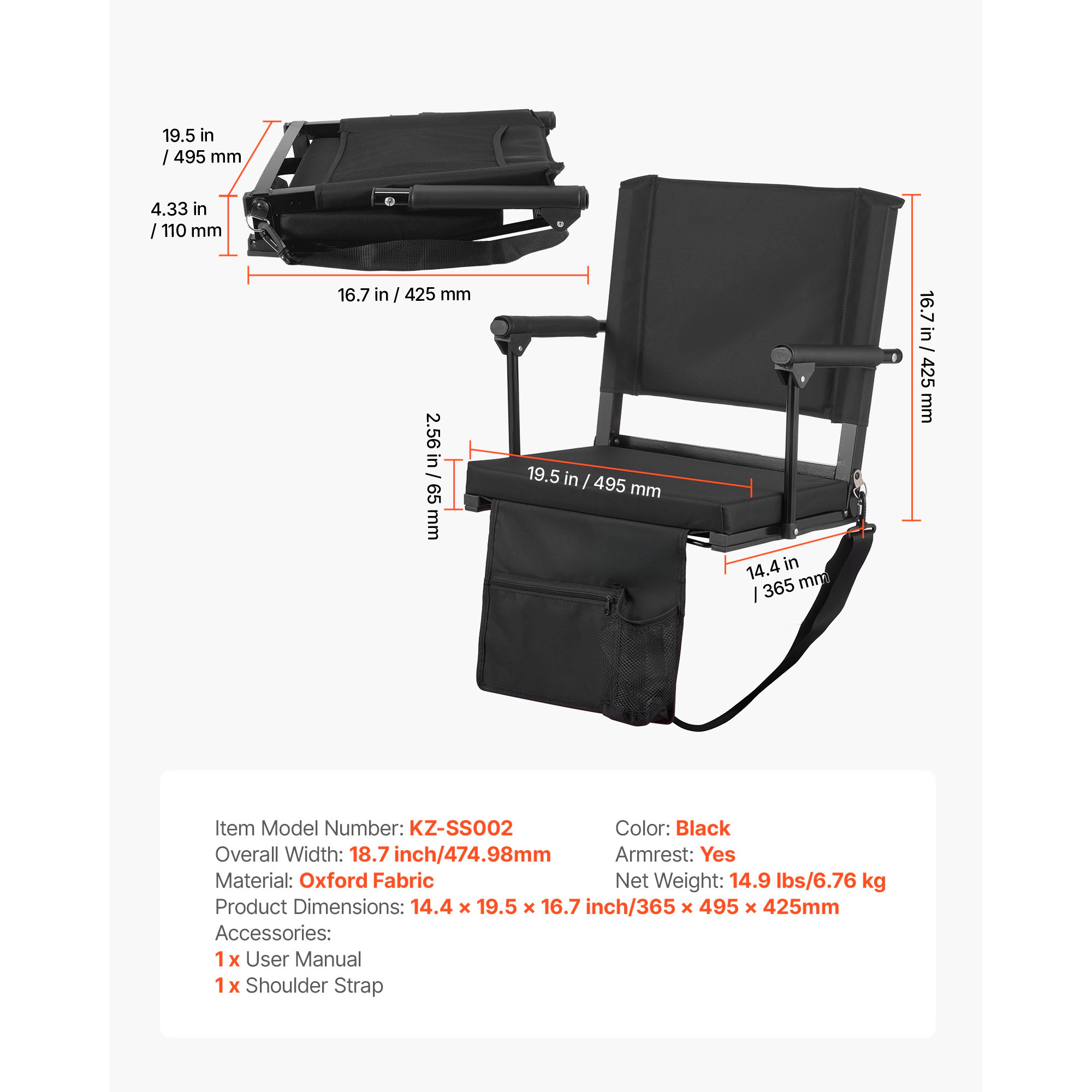 HONGGE Stadium Seat Portable Bleacher Seat with Armrest Back Support and Thick Cushion Bench Chair for Bleacher