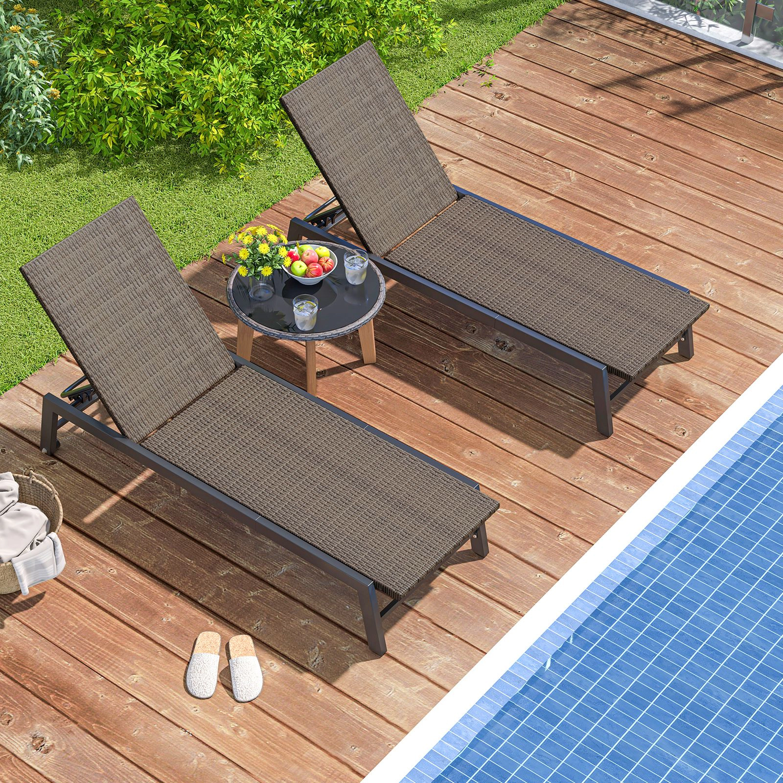 SlickBlue Adjustable PE Rattan Patio Chaise Lounge with Wheels