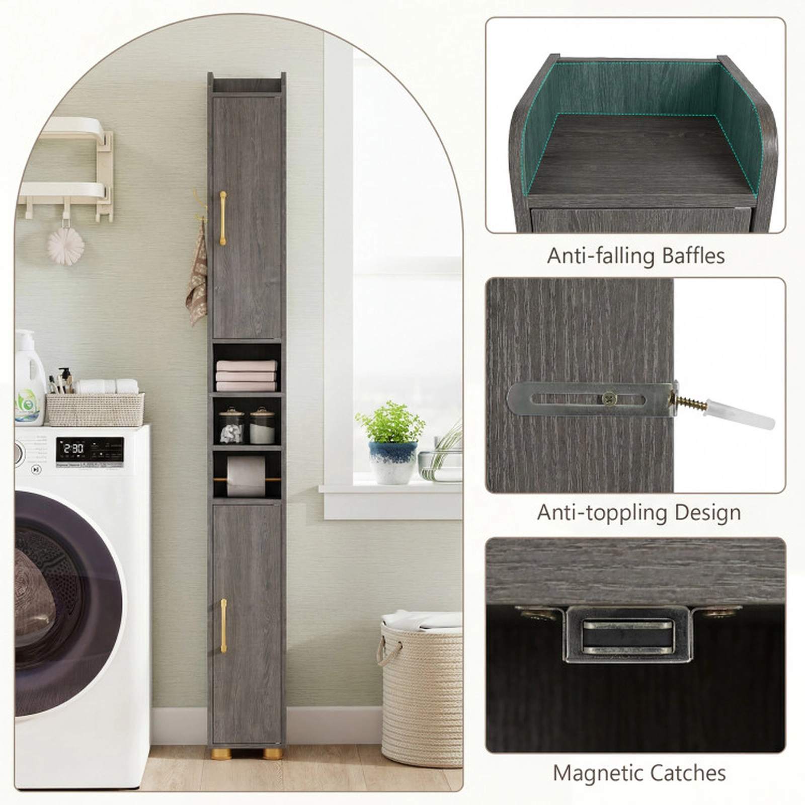 SUGIFT Narrow Bathroom Storage Cabinet with Open Shelves and Toilet Paper Holder 11-lb Shelves 4.5-lb Hook Gray