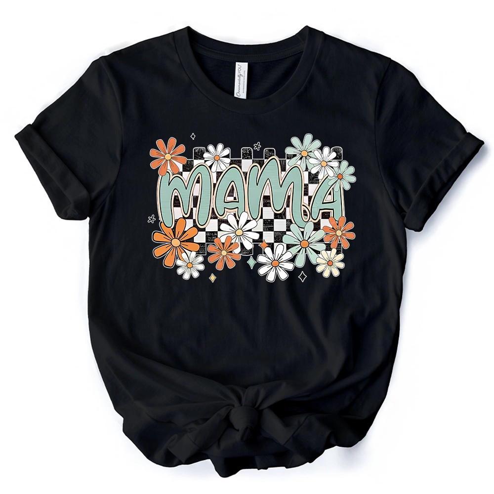 OrnamentallyYou Womens Floral Mama Checkered T-Shirt