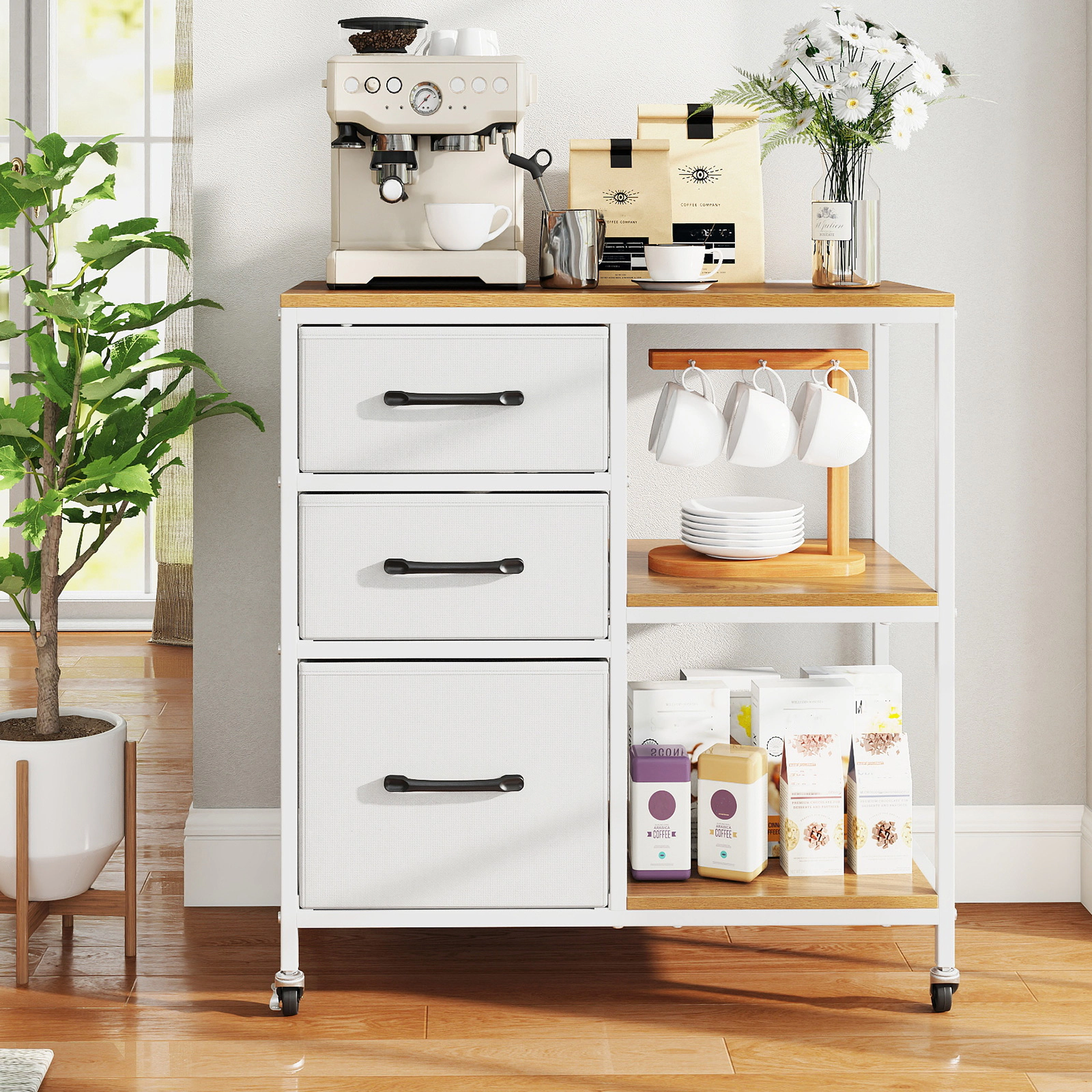 SUGIFT 3 Drawer Mobile File Cabinet Natural with Charging Station and Printer Shelves