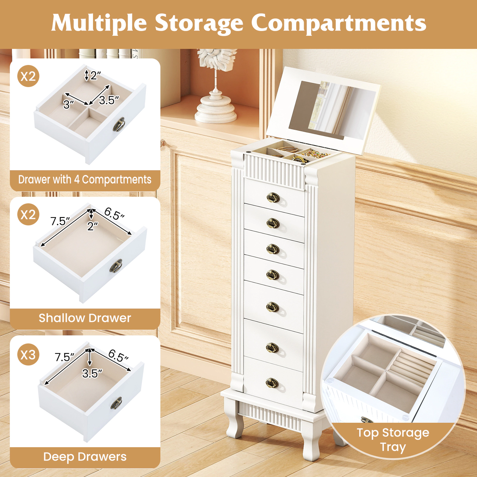 SUGIFT Free Standing Jewelry Armoire Cabinet Storage Chest with Drawers and Swing Doors 39-in Tall White