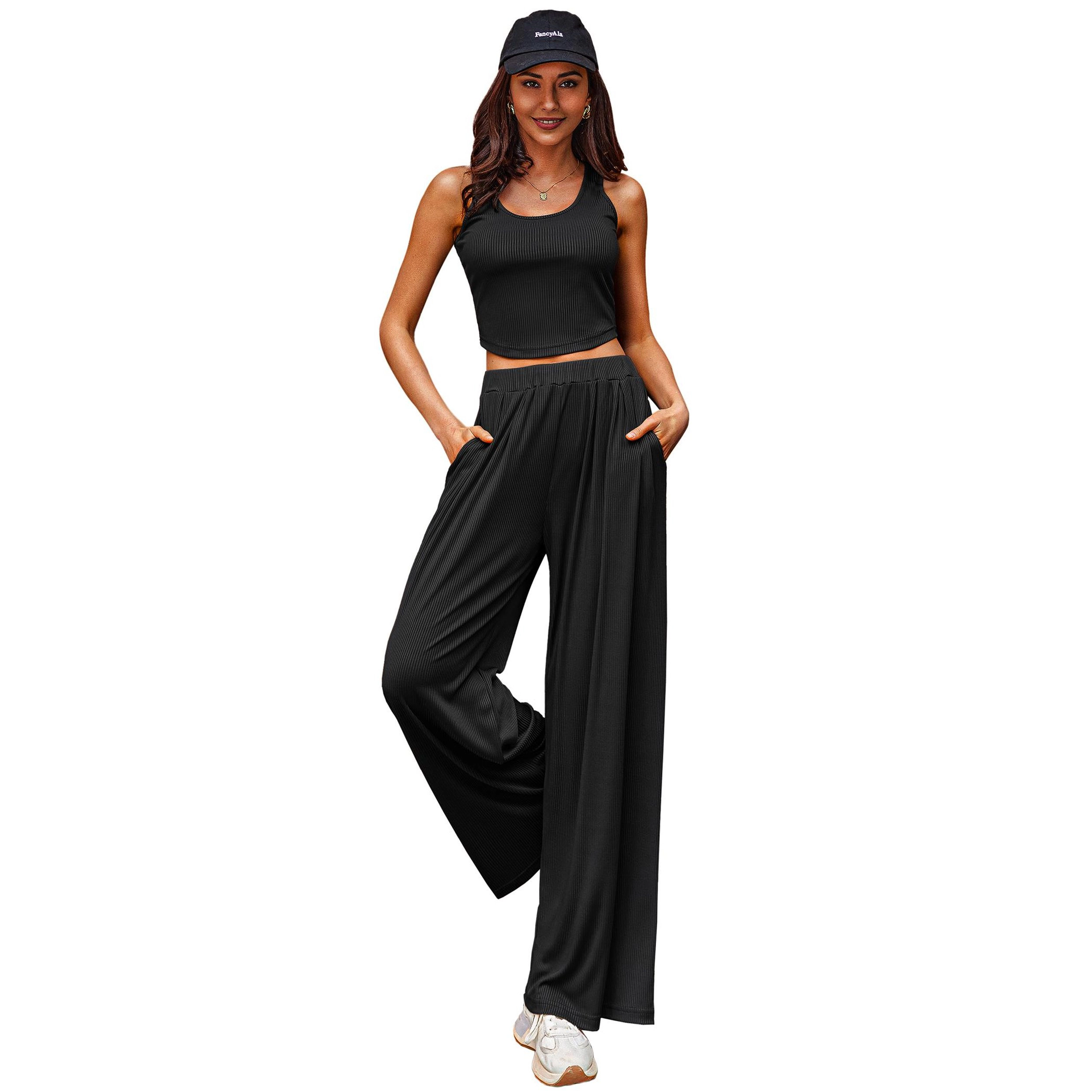 Ekouaer Women's Pajamas 2 Piece Lounge Set Ribbed Knit Loungewear Sleeveless Tank Top Wide Leg Pants