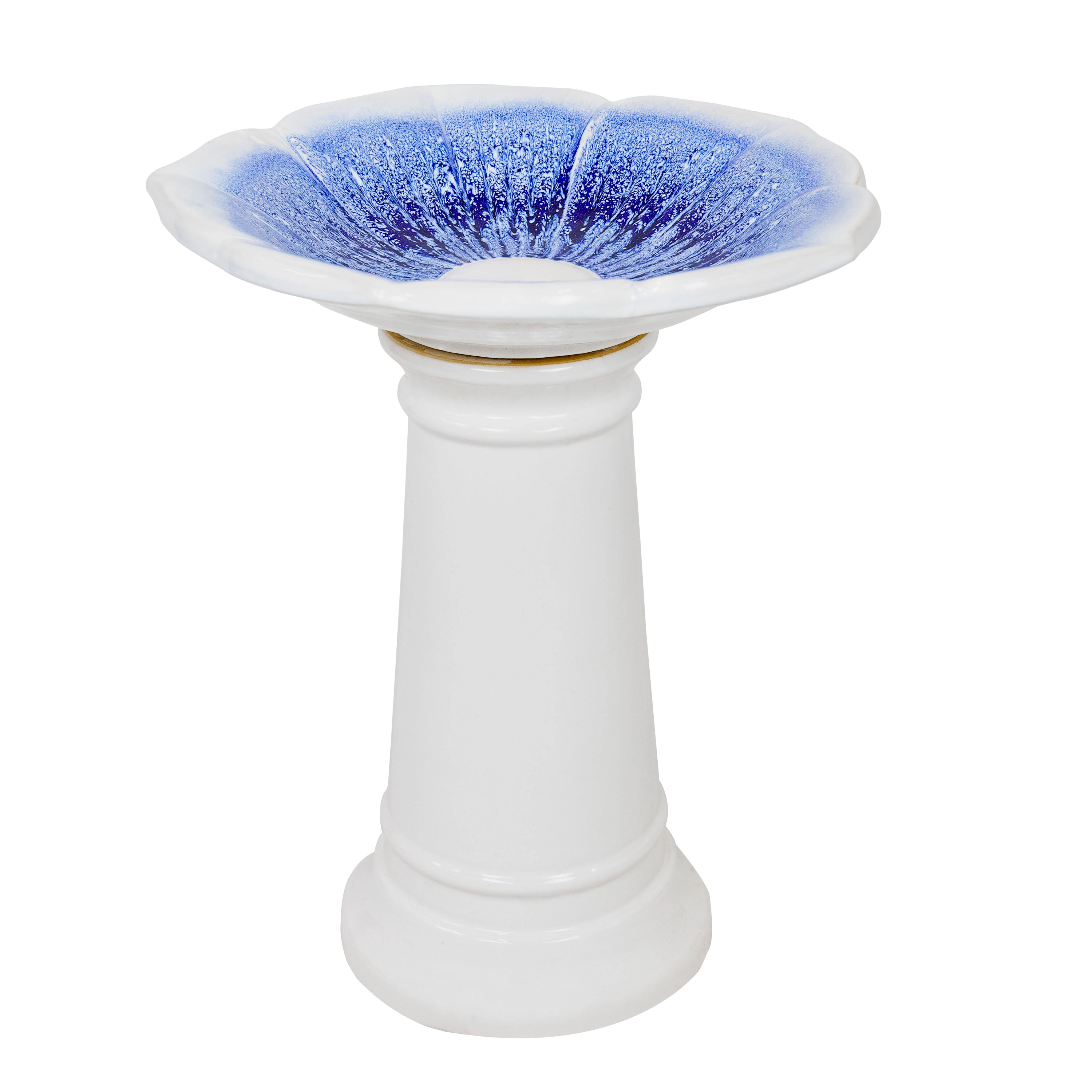 Sunnydaze Misty Blossom Ceramic Bird Bath for Outdoors, 23” H, White & Blue