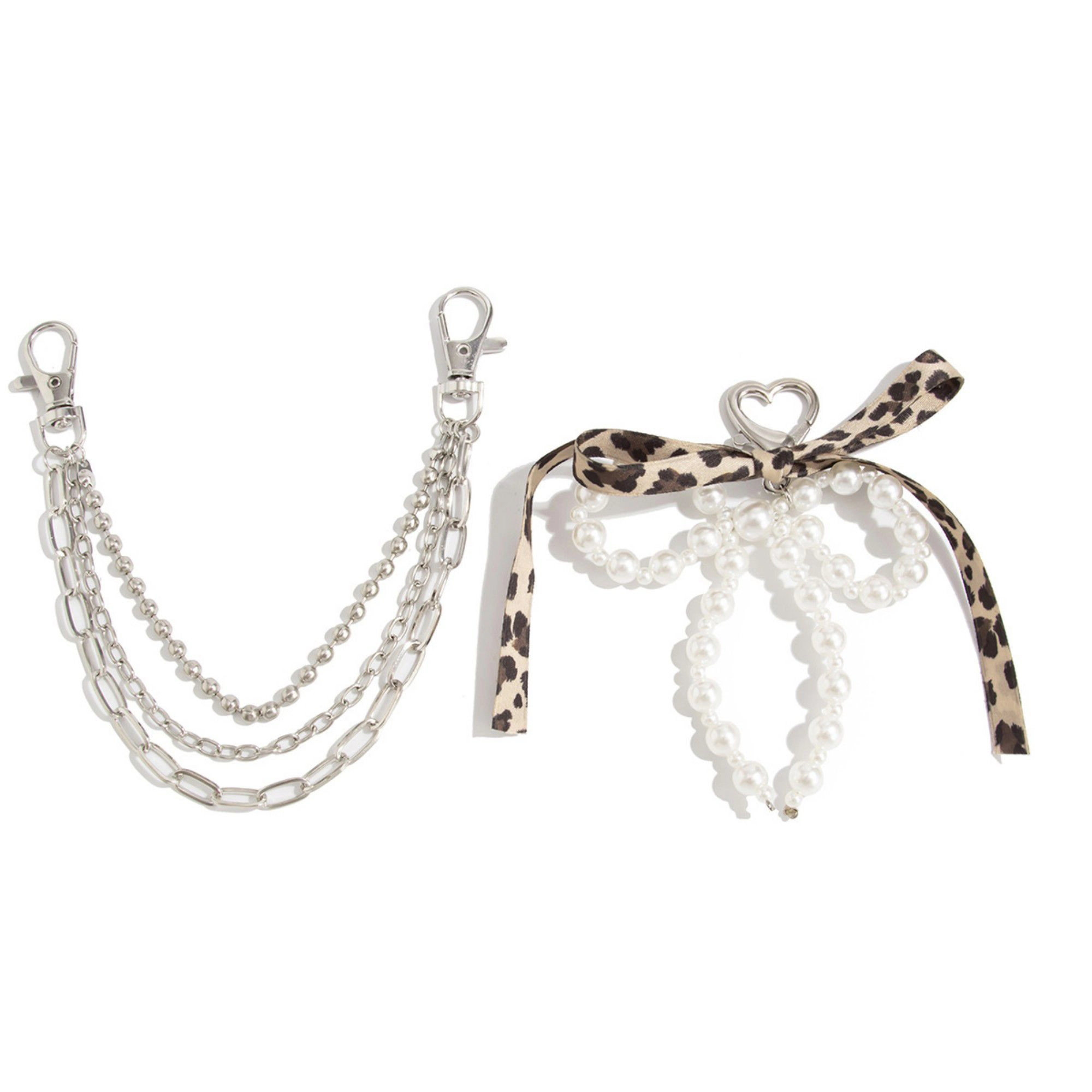 Alilang Women's Pearl Bow Chain Bag Charm with Leopard Ribbon Layered Silver Tone Clips for Bags and Jeans