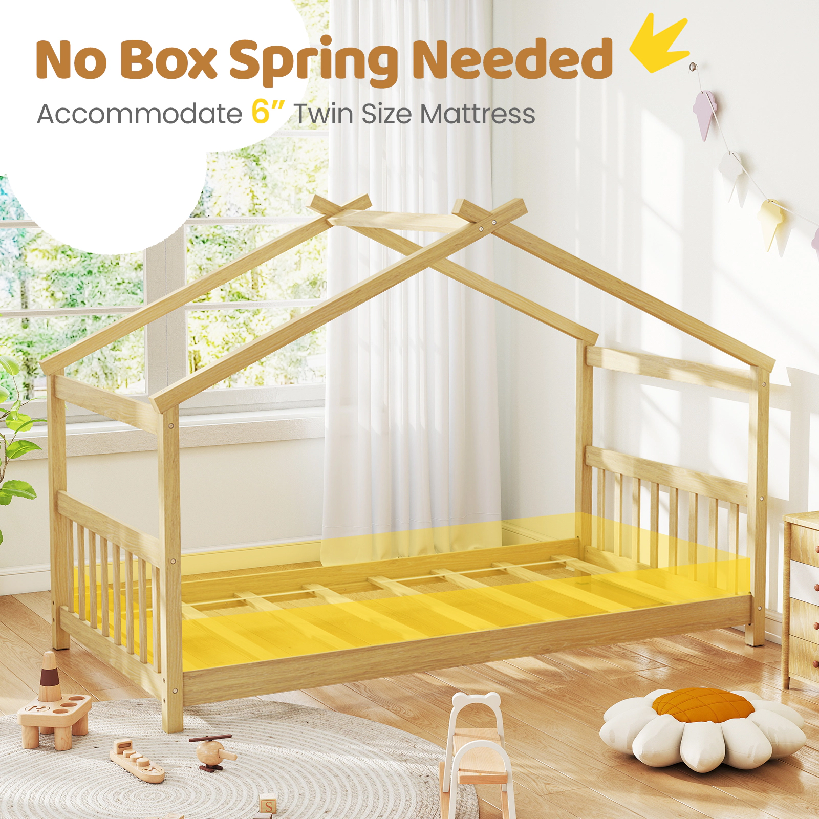 SUGIFT Twin Size Wooden House Bed Frame with Roof 350-lb Capacity Pine Wood Plywood 82-in Long White/Natural