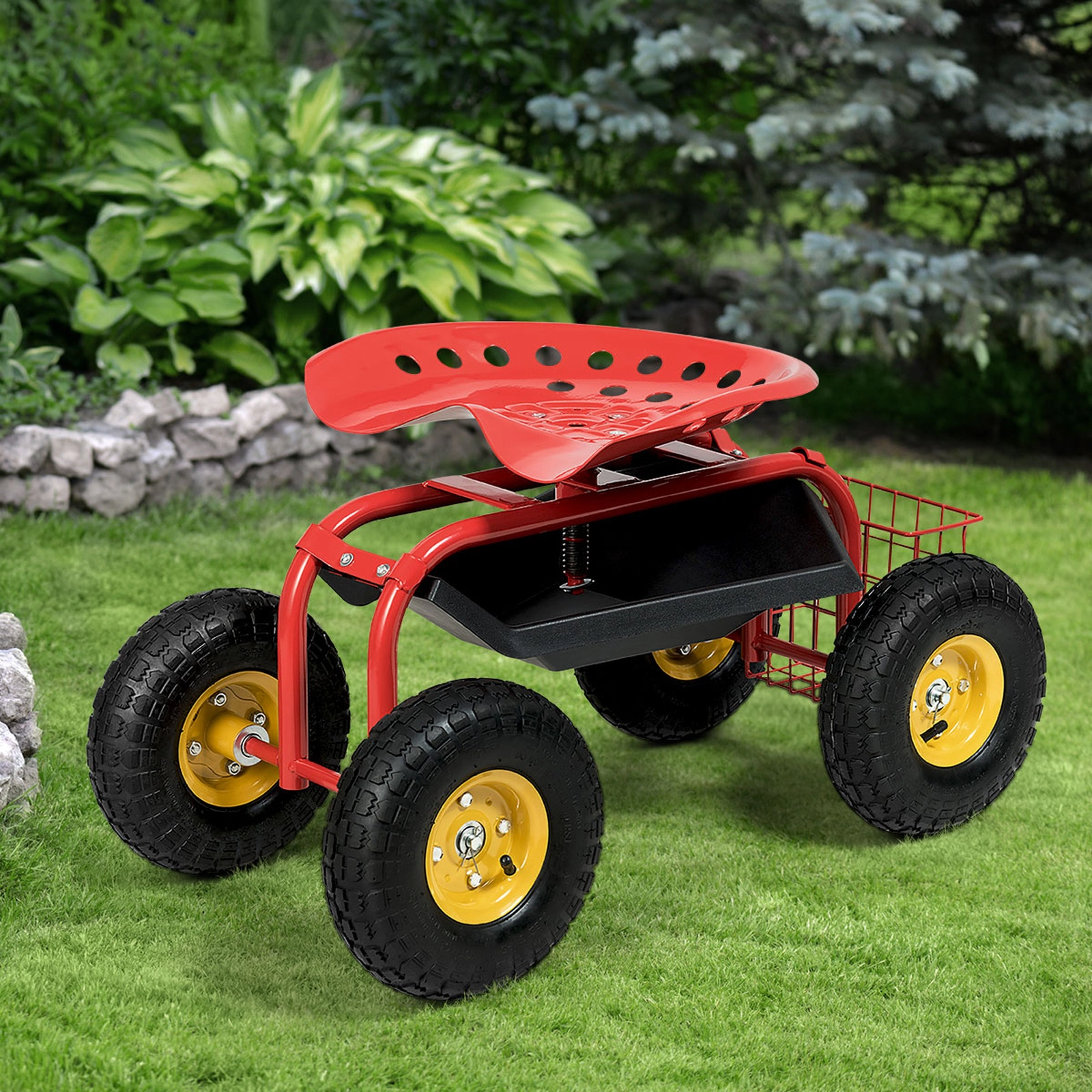 SUGIFT Rolling Garden Work Seat Cart with Adjustable 360-Degree Seat 330-lb Capacity with Tool Tray and Basket Red