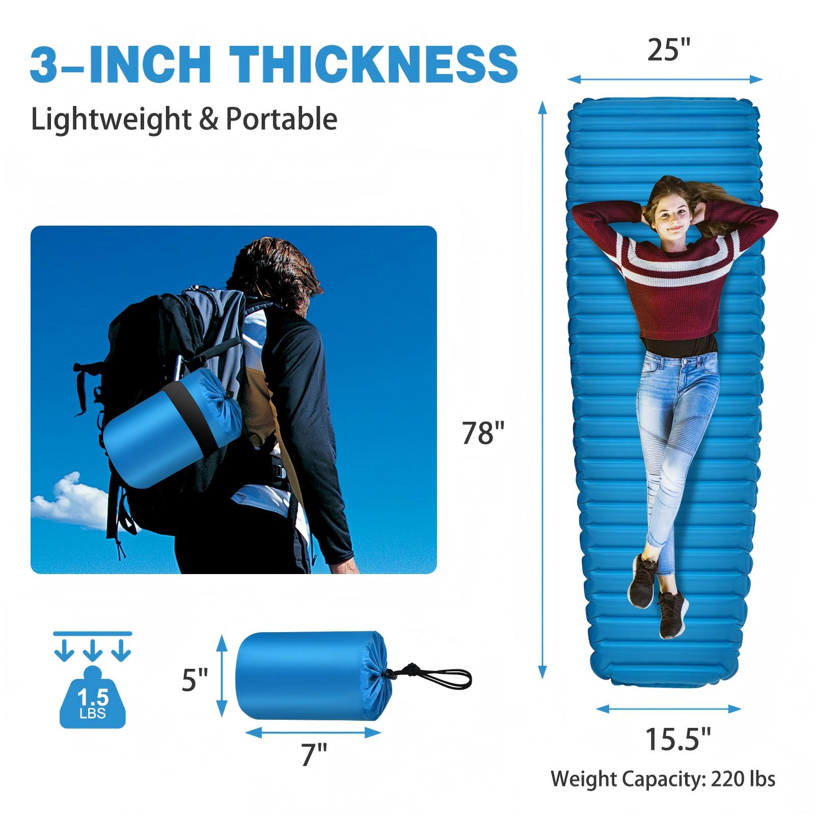 SUGIFT 3-Inch Thick Inflatable Camping Air Mattress Sleeping Pad 77.6-in Long 1.4-lb Net Weight 220-lb Capacity Blue