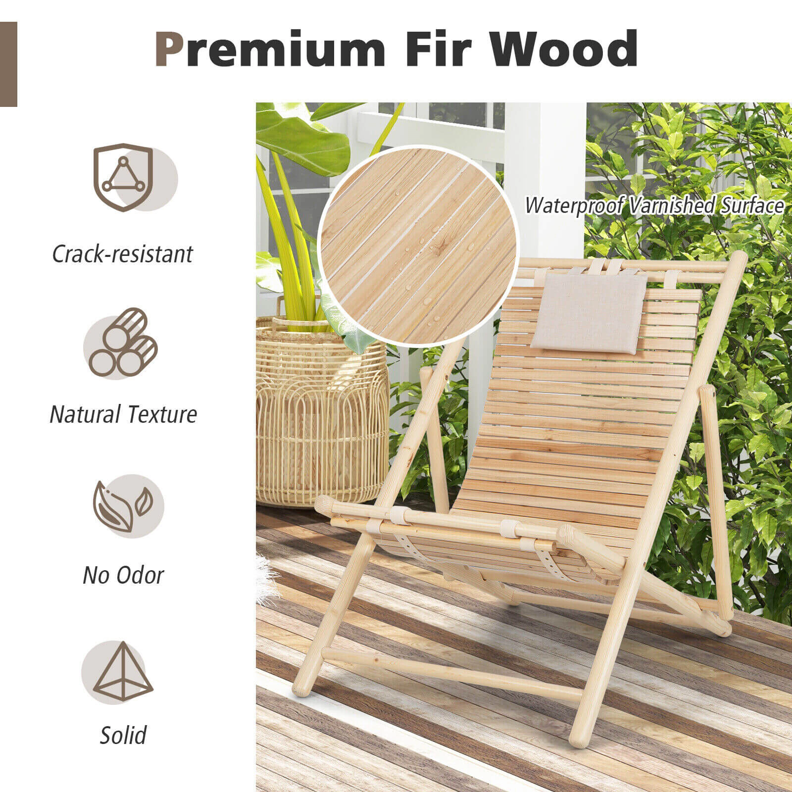 LJG Solid Fir Wood Lounge Chair with 3-Level Adjustable