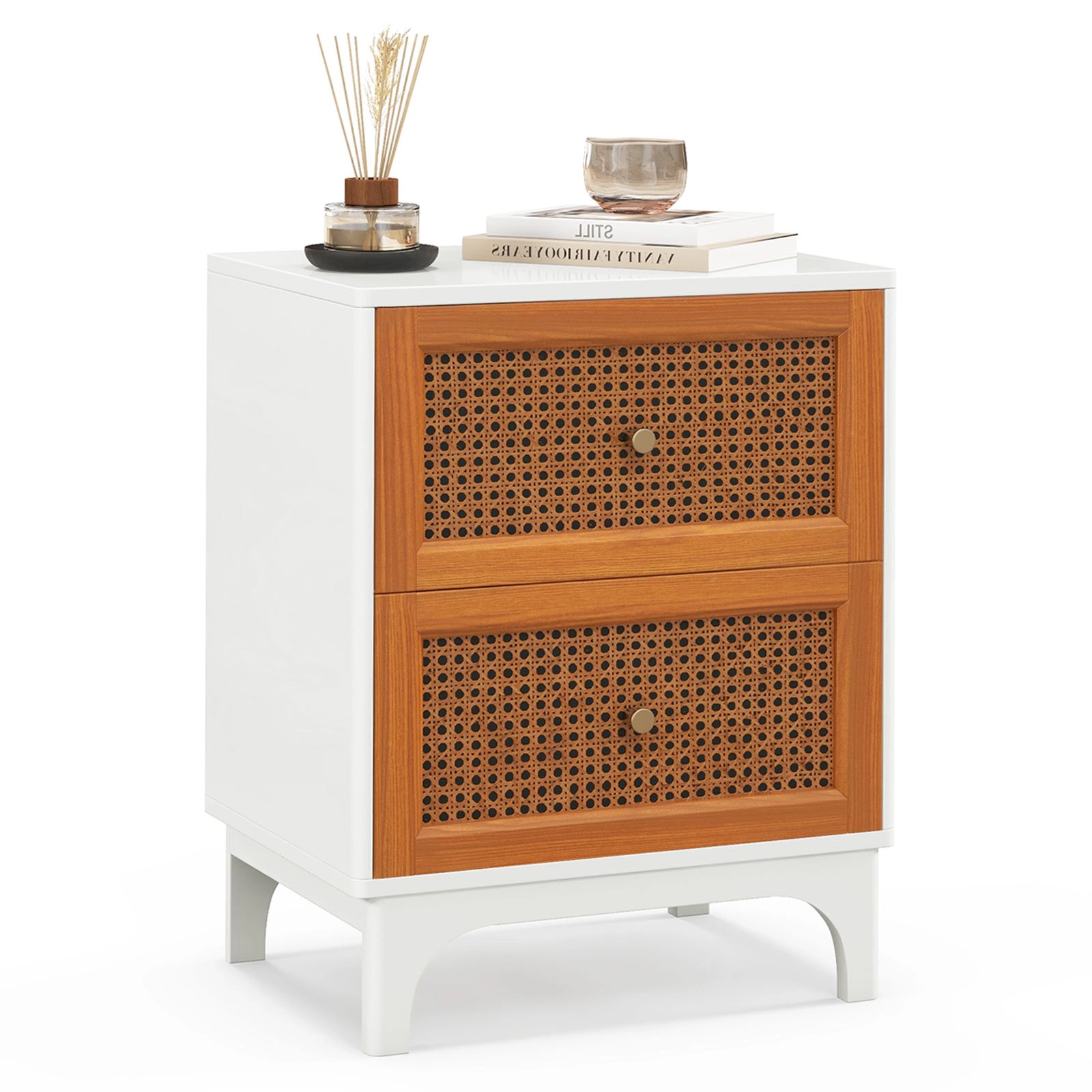 SlickBlue 2-Drawer Boho Rattan Nightstand Bedside Table
