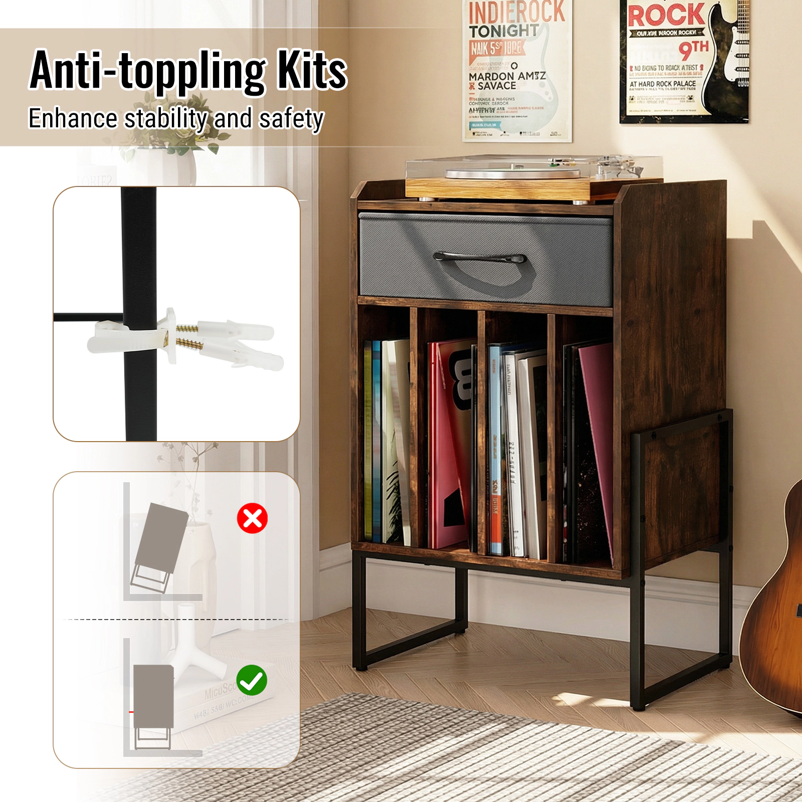SUGIFT 27-Inch Rustic Brown Record Player Stand with Fabric Drawer and Vinyl Storage