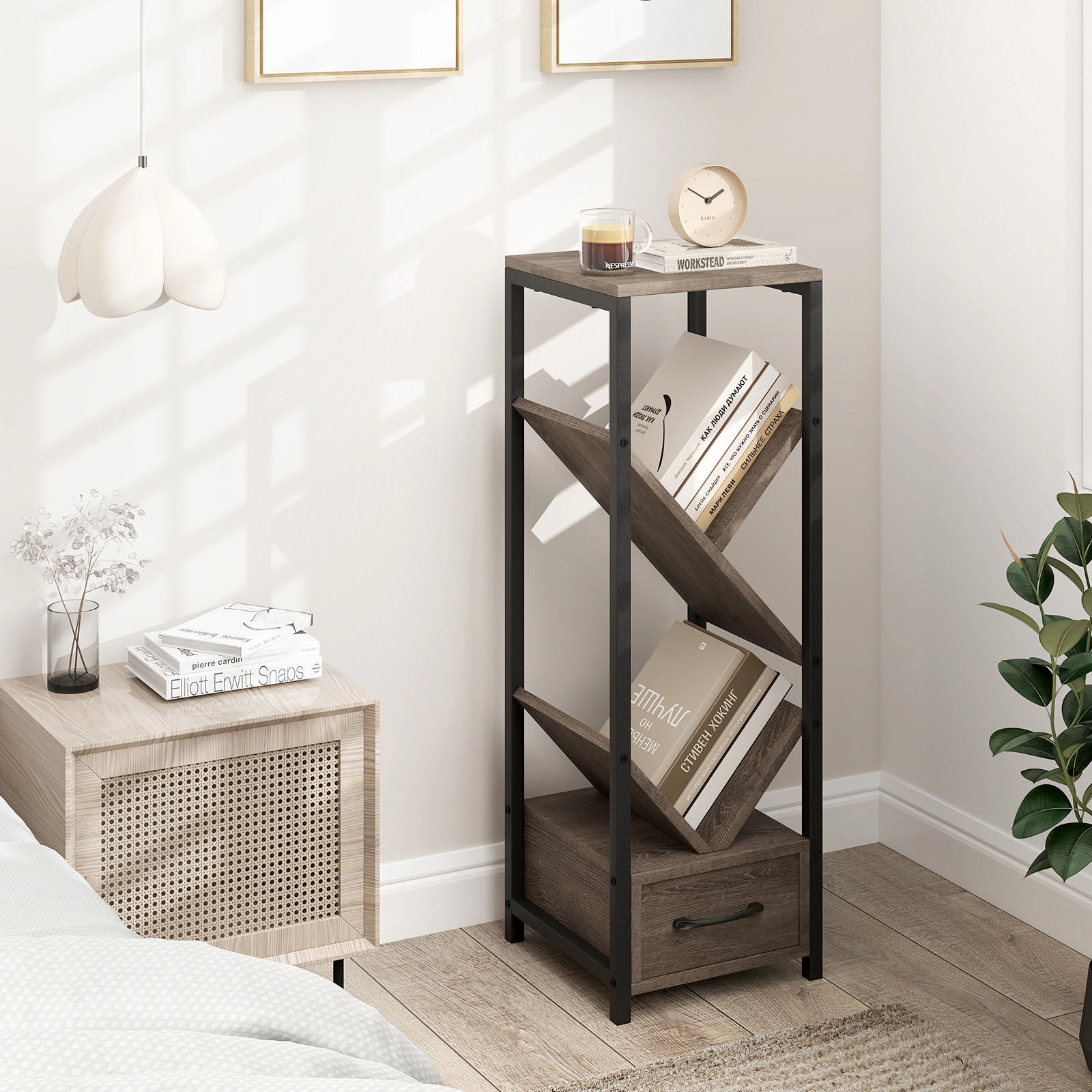 LJG 4 Tier Floor Tree Bookshelf with Drawer and Metal Frame