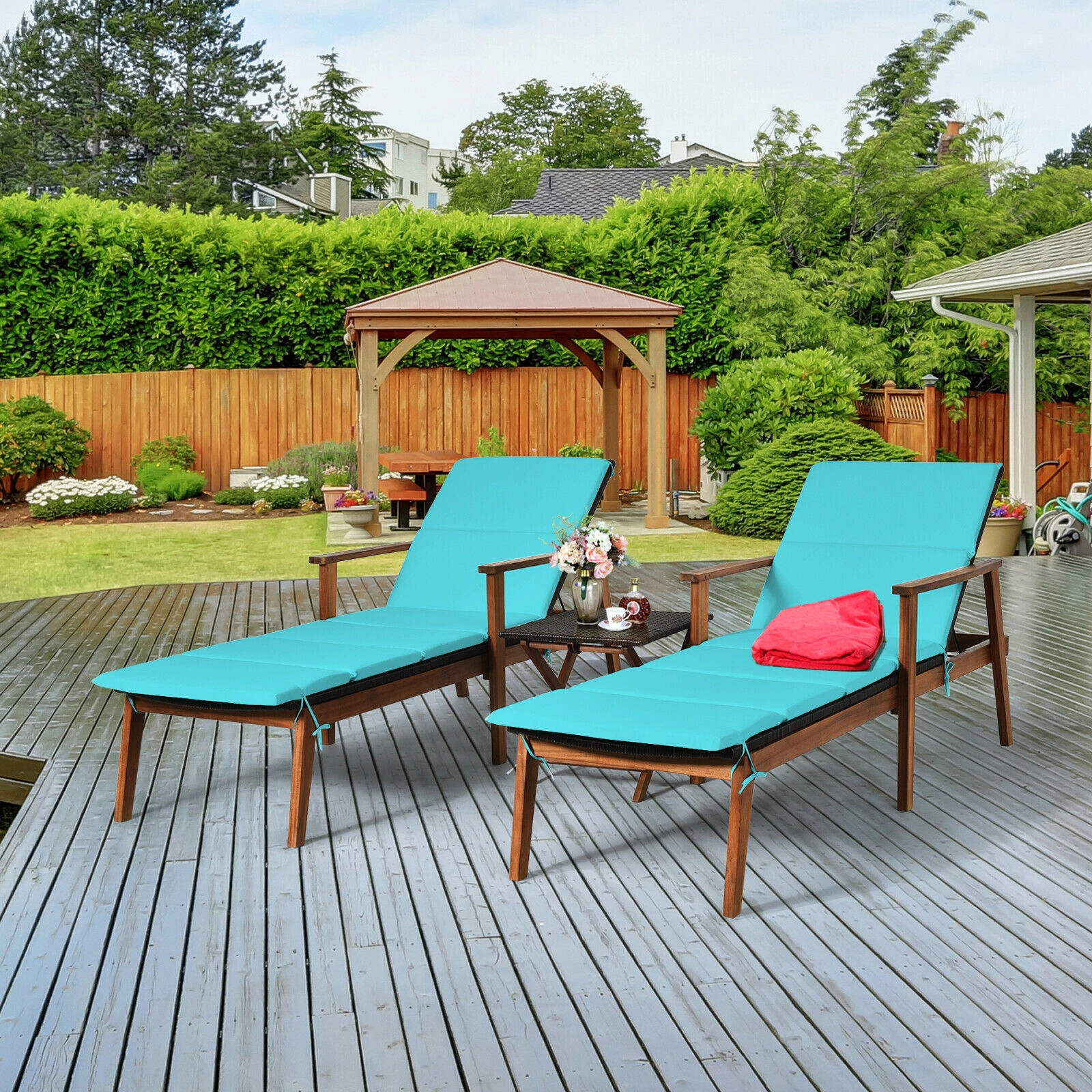 SUGIFT 3-Piece Cushioned Rattan Lounge Chair Conversation Set with Folding Side Table 600-lb Chair Capacity Turquoise
