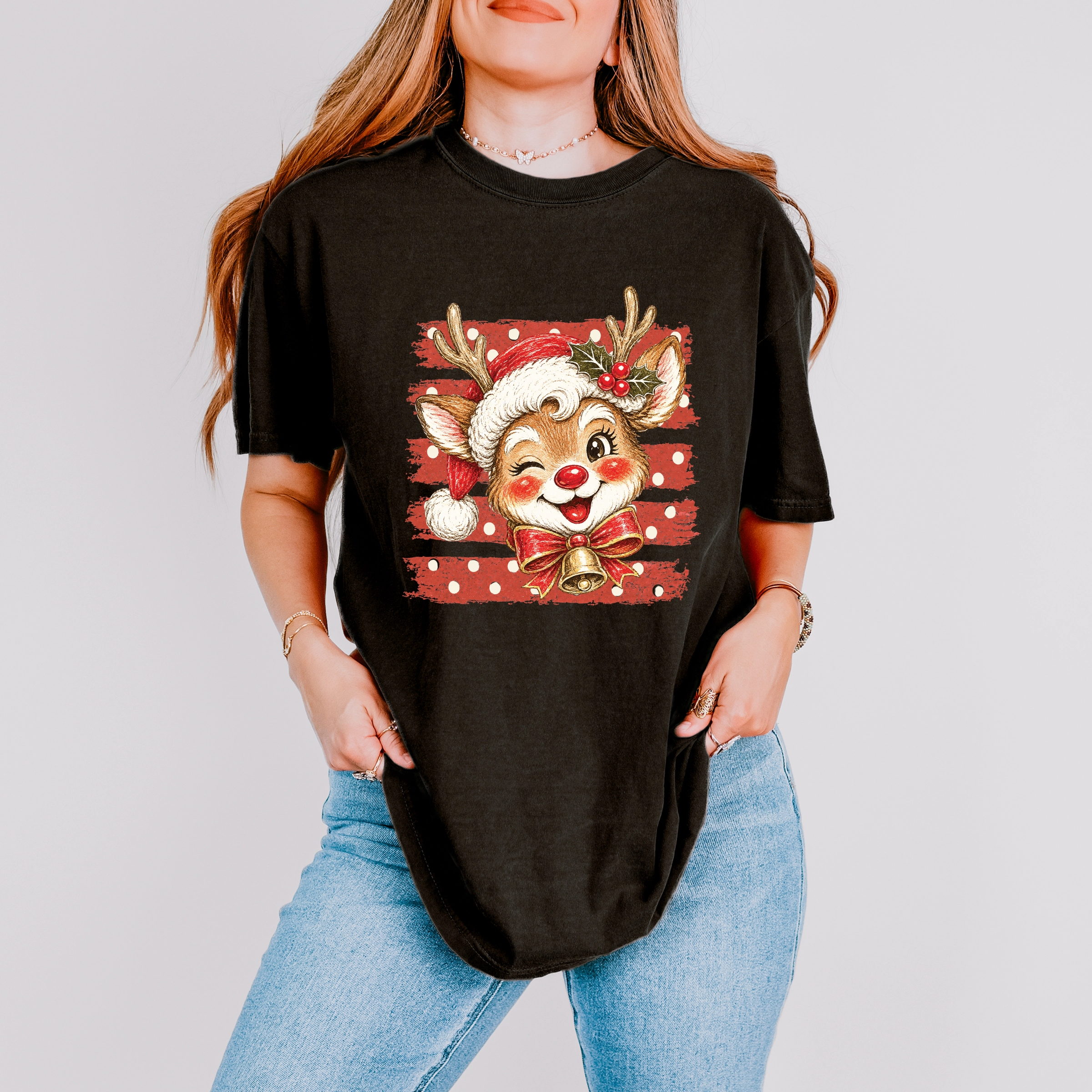 Simply Sage Market - Women's Garment Dyed Graphic T-Shirt Reindeer Stripes and Polka Dots