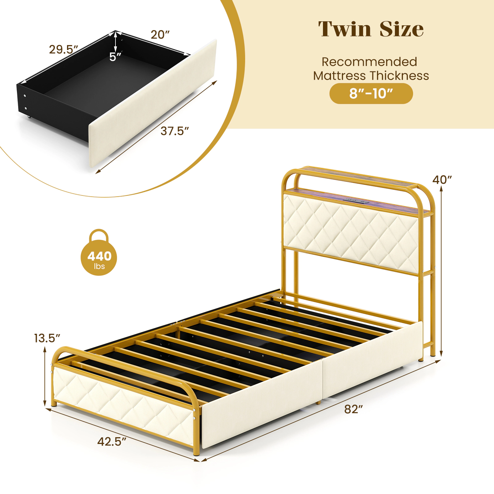SUGIFT Twin Size Upholstered Bed Frame with LED Lights, Charging Station & Storage Drawers 440-lb Capacity Black/Golden