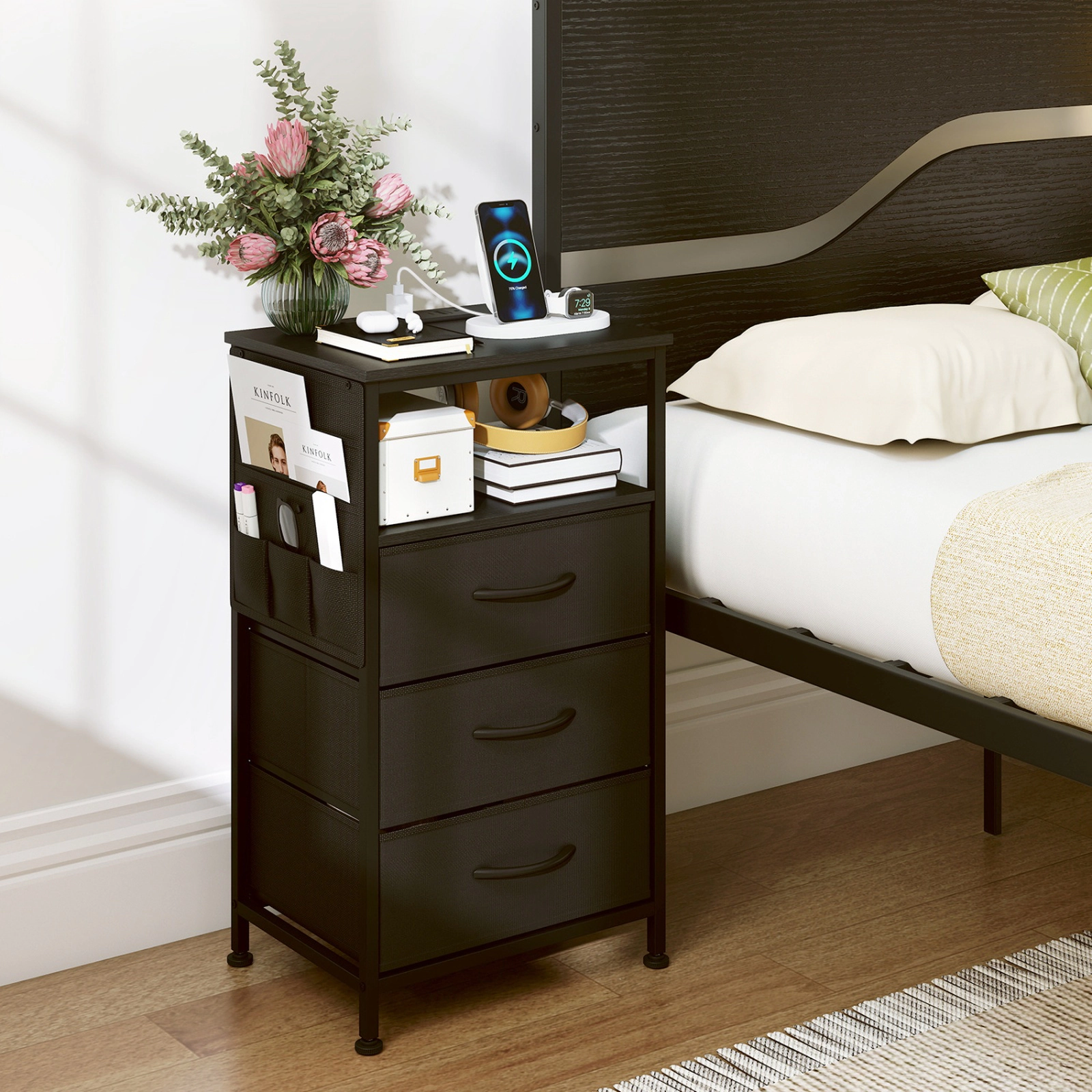 SUGIFT 27.5-Inch Black Metal Nightstand with 3 Folding Fabric Drawers and Charging Station