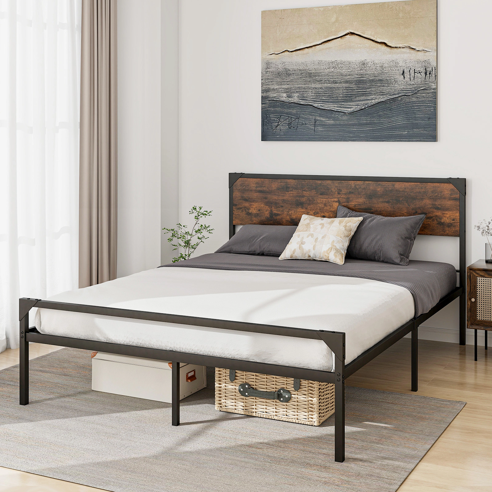 SUGIFT Queen Platform Bed Frame, Rustic Brown Wood Panels, Black Metal, Headboard and Footboard
