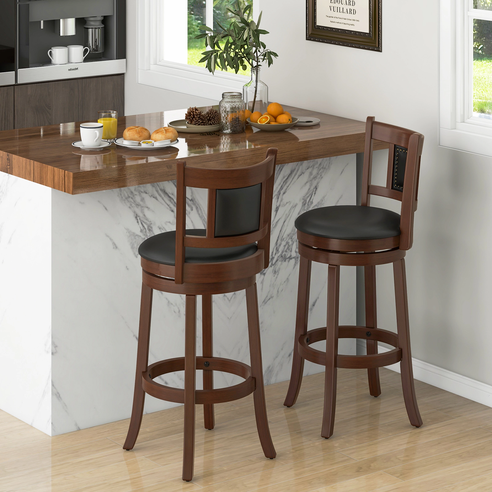 Glintex 2-Piece 30.5-Inch Swivel Bar Stool Set with Curved Backrest, Espresso & Black