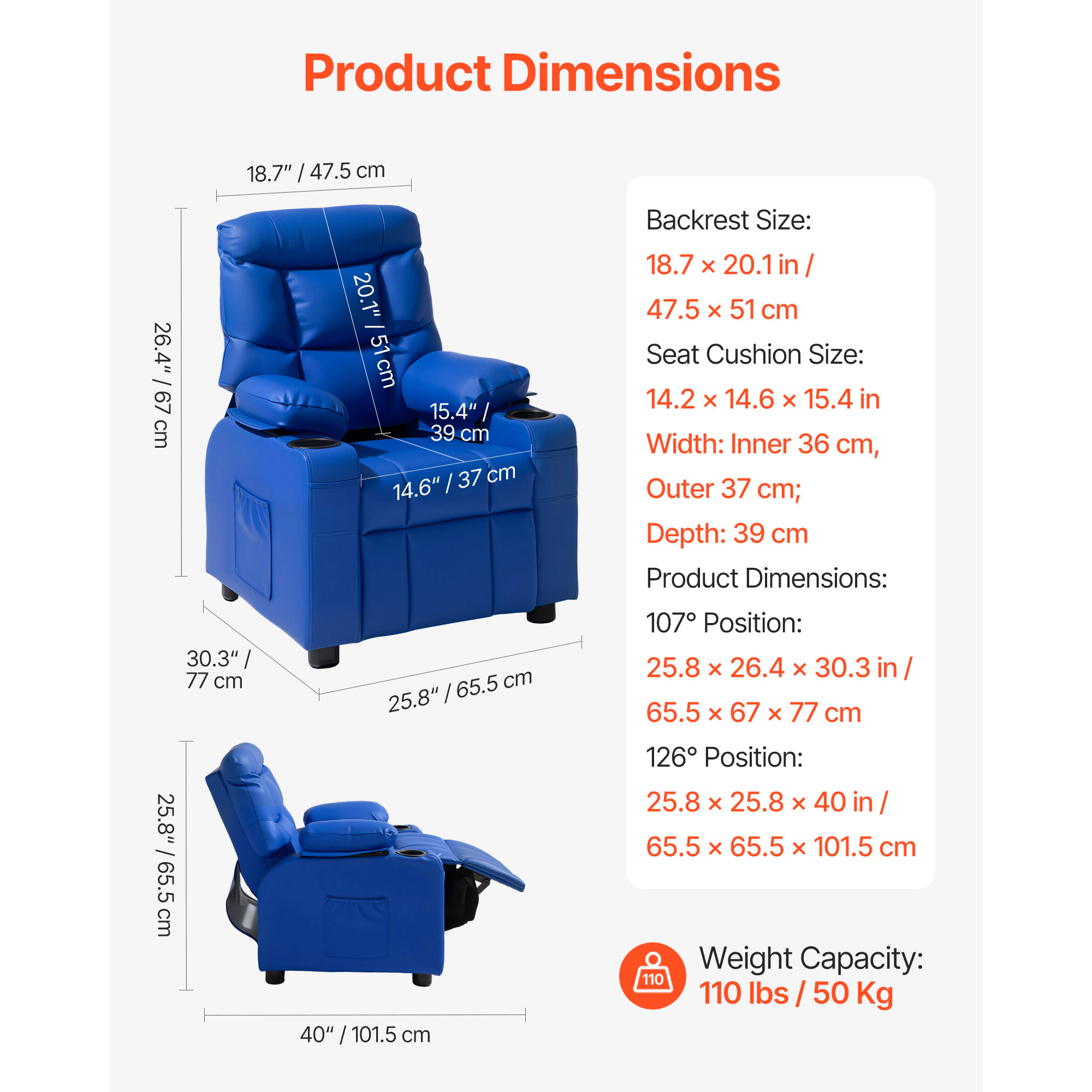 HONGGE Kids Recliner Chair Toddler with Holders & Pockets 107° to 126° Adjustable Back Reclining for Boys and