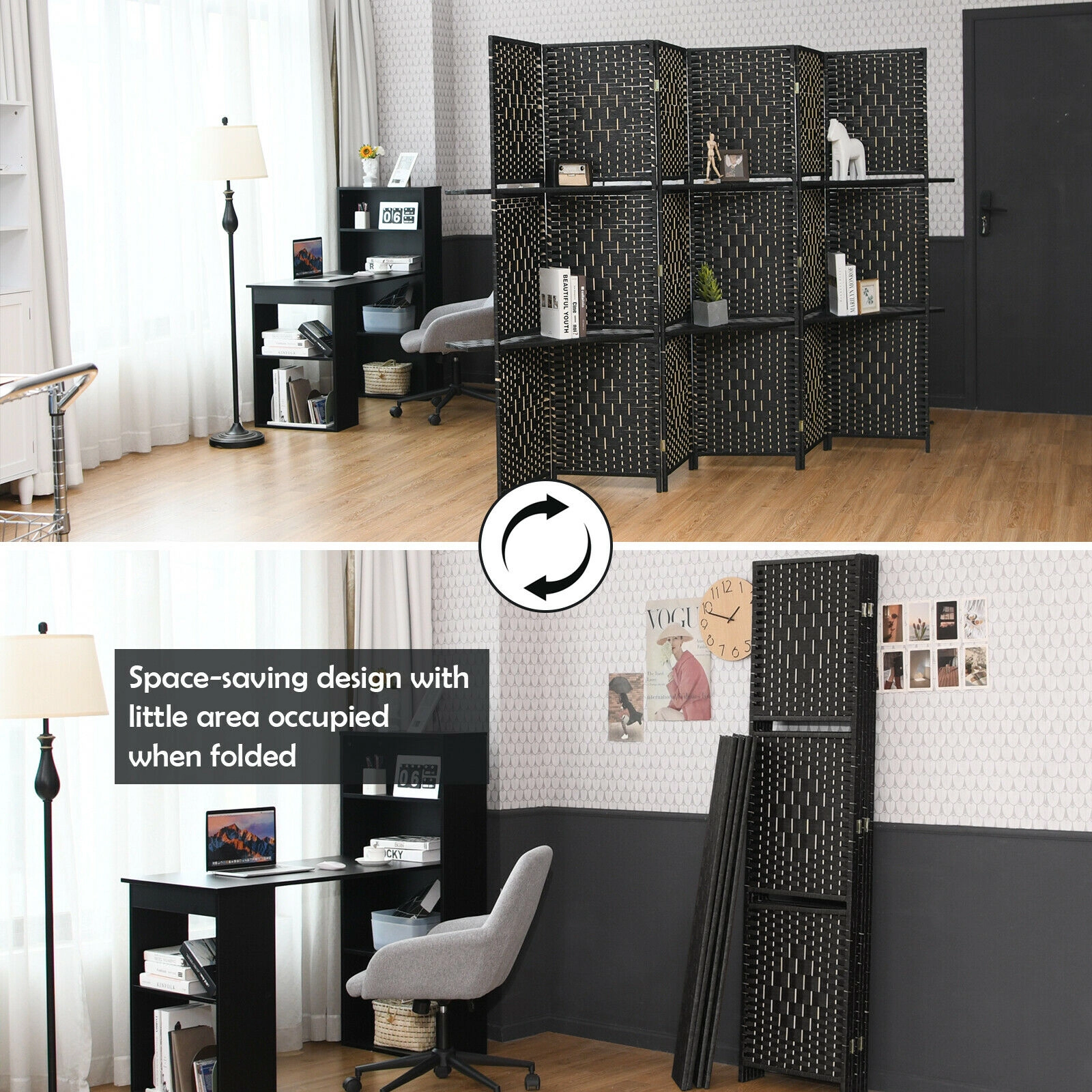 SUGIFT 6 Panel Folding Hand-Woven Fiber Room Divider with 2 Display Shelves 71-in Tall Black/Brown
