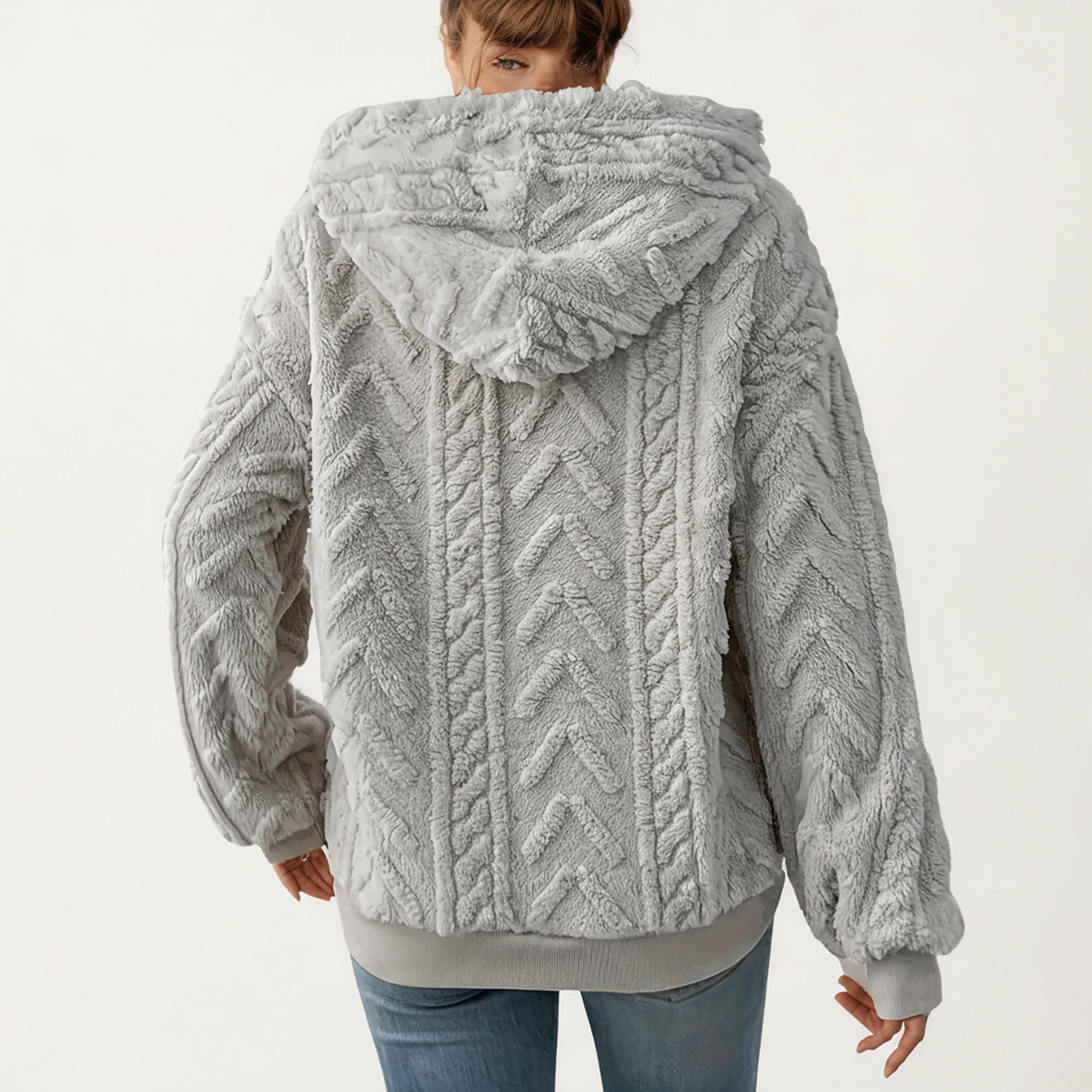 Anna-Kaci Women's Plush Textured Hoodie with Cable Inspired Patterning, High Pile Fabric, Ribbed Trim Accents
