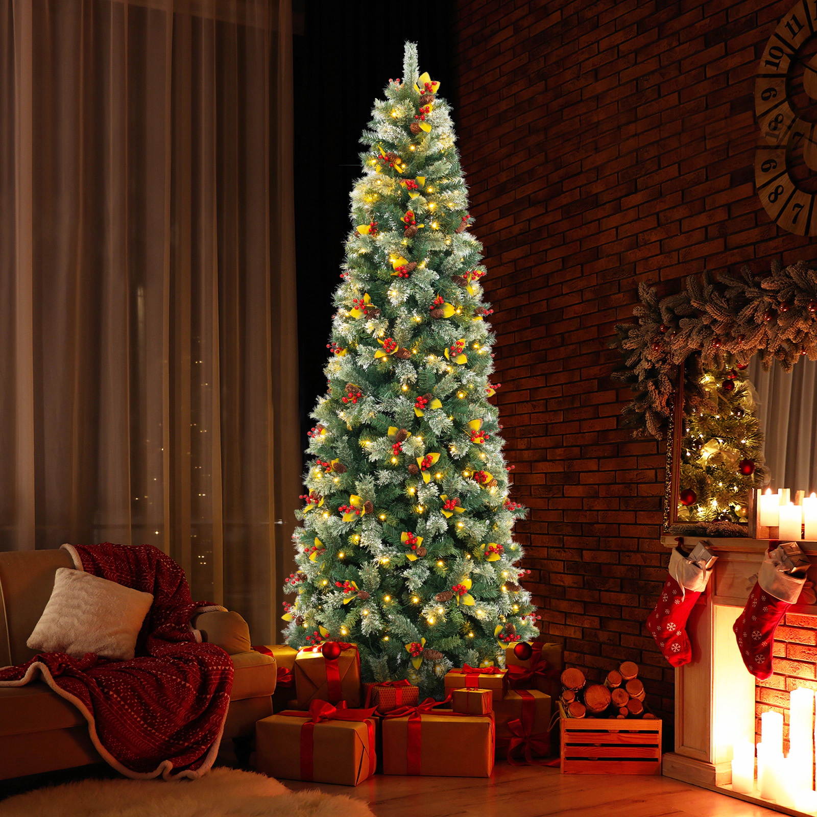 SlickBlue Artificial Christmas Tree with Red Berries and Pine Cones