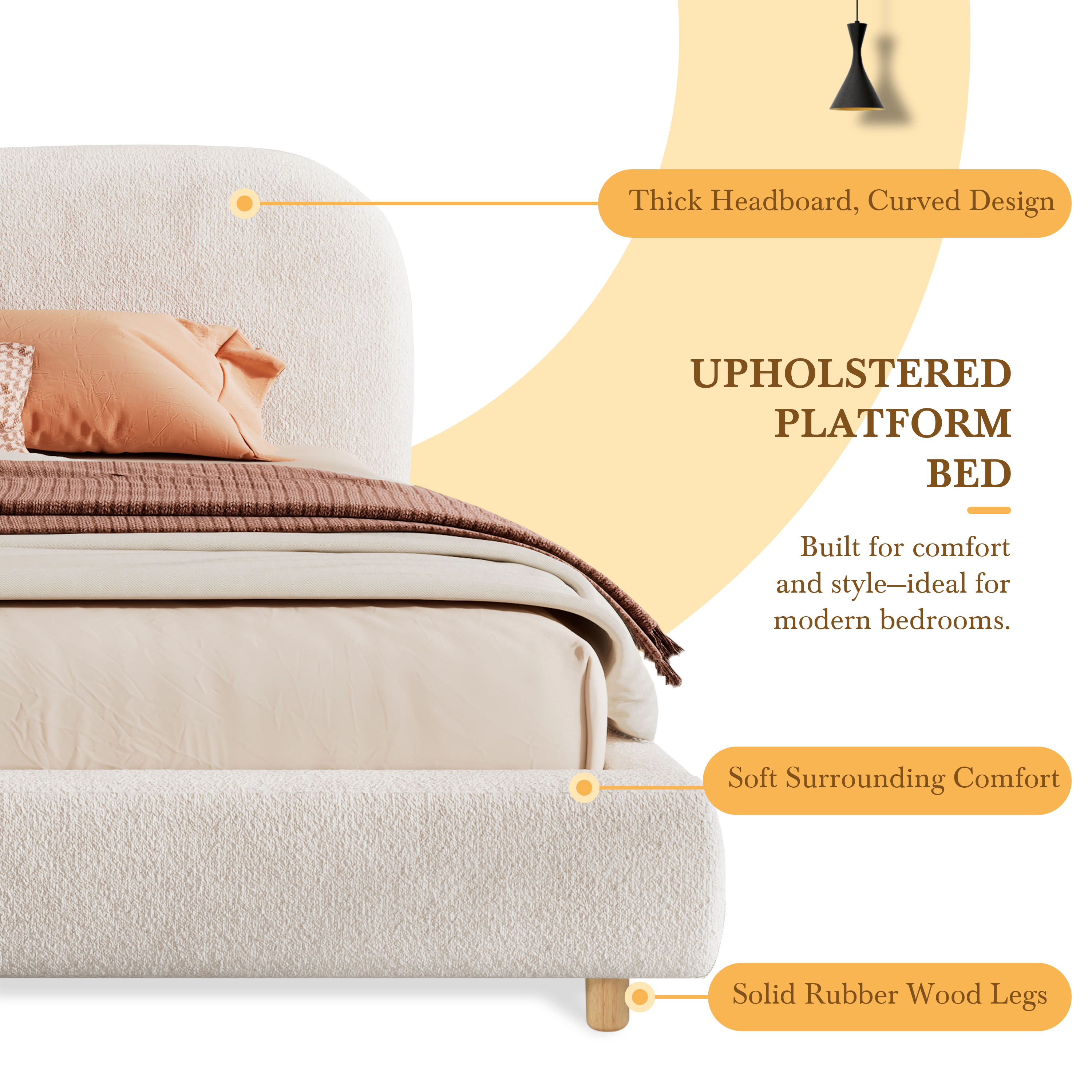 Flynama King Boucle Upholstered Platform Bed, Curved Headboard, White, Easy Assembly