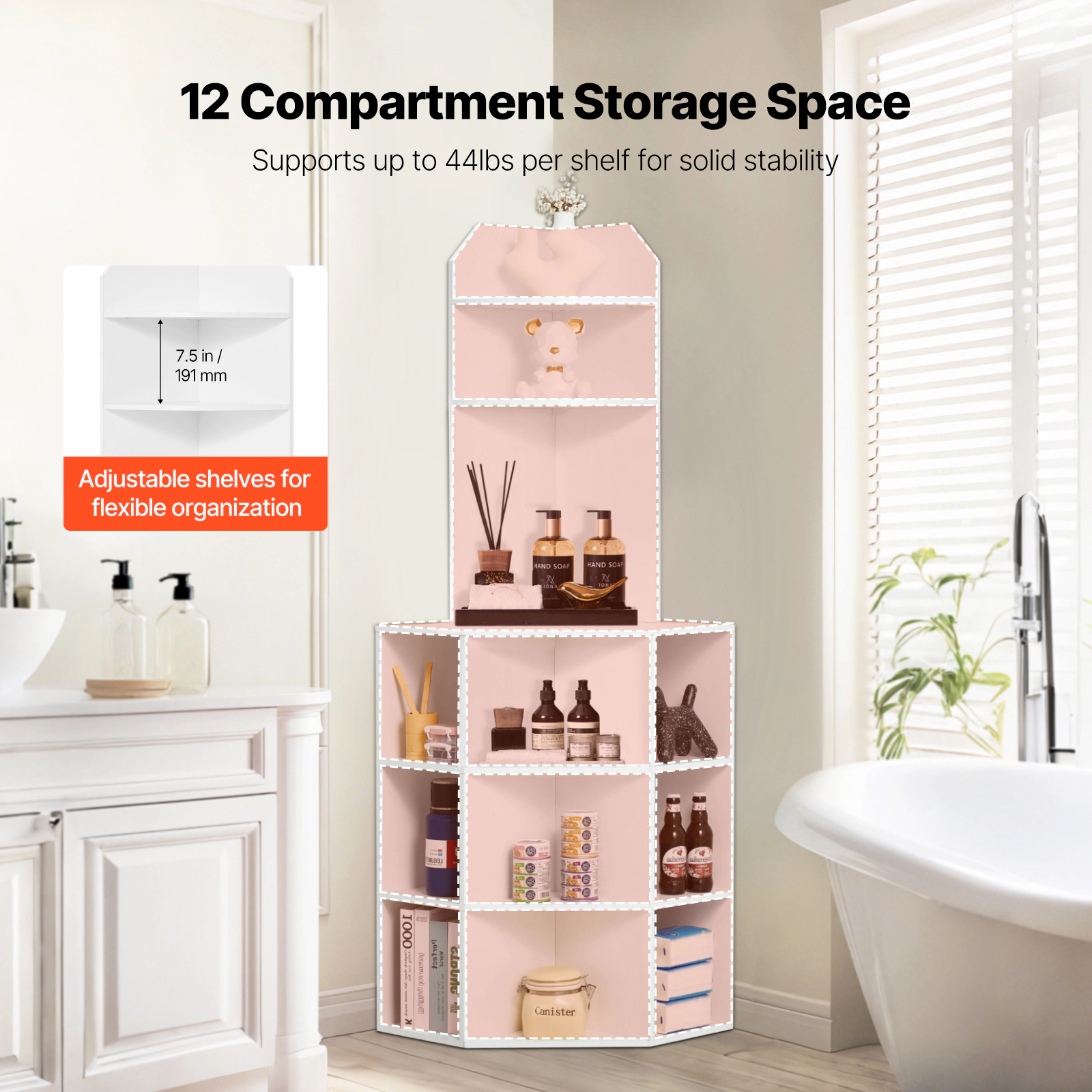HONGGE Freestanding Corner Storage Cabinet with Wooden & Adjustable Shelves for Kitchen Living Room Laundry Room