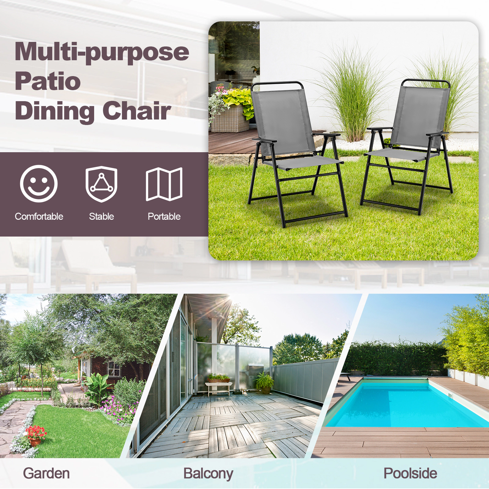 LJG Outdoor Folding Sling Chairs Set of 4 with Armrest and Backrest