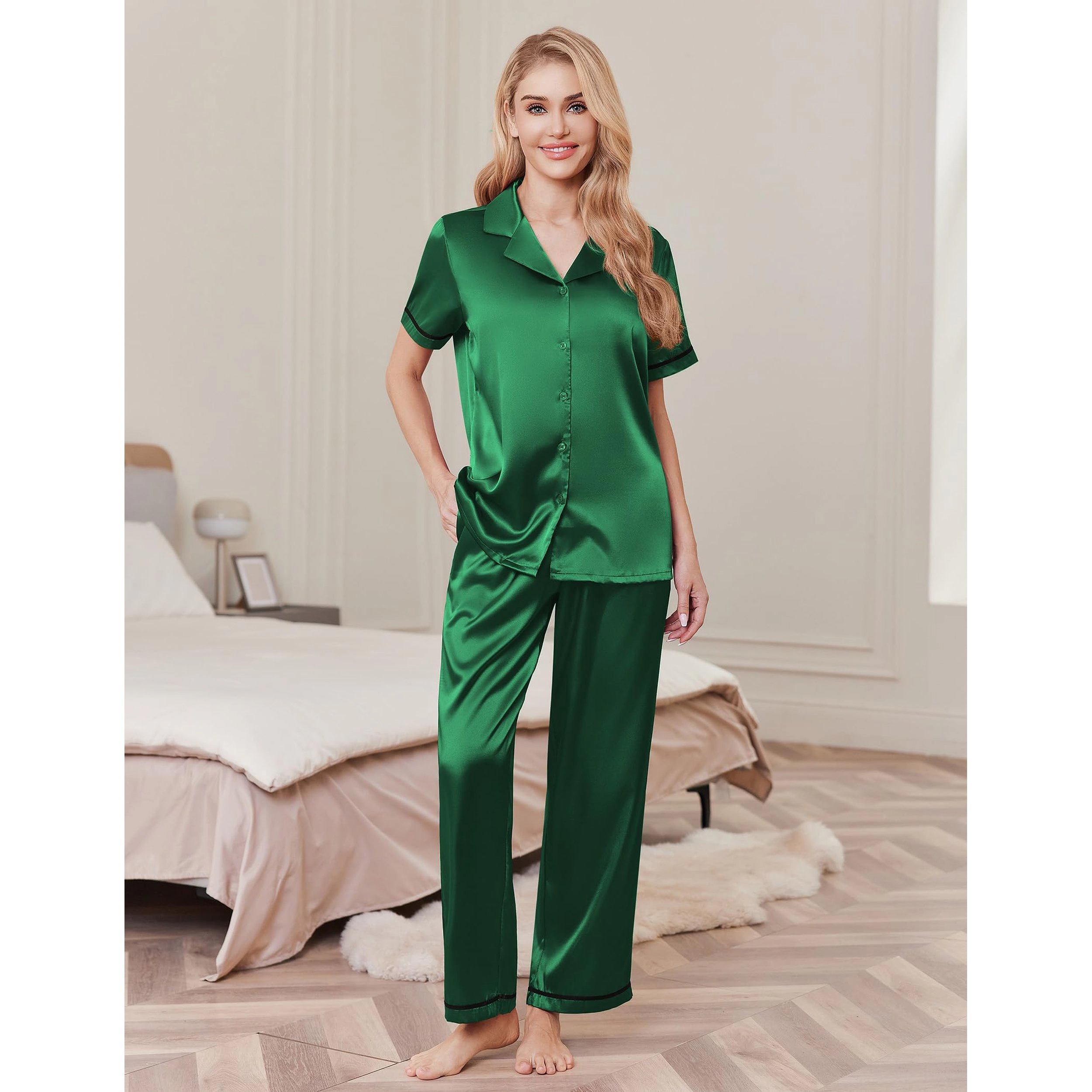 Ekouaer Women's Silk Pajamas Set Short Sleeve Pjs 2 Piece Soft Loungewear with Pants Button