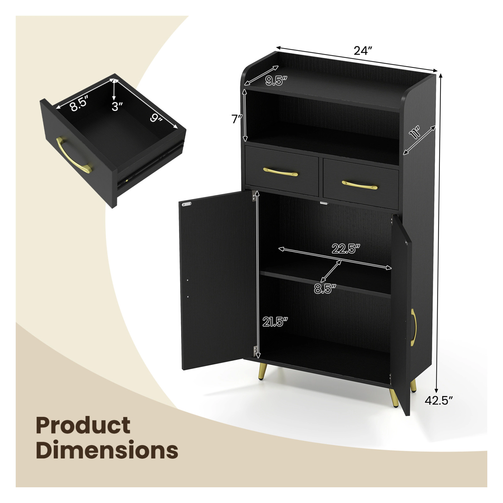 Glintex 42.5-Inch Bathroom Cabinet with Twin Drawers Metal Legs and Anti-Drop Design