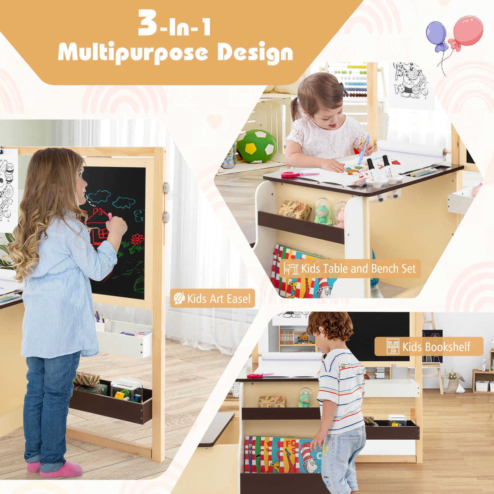 SUGIFT Kids Art Center Wooden Table Bench Set with 110-lb Tabletop and Bench Capacity Ages 3+ 45-in Tall Brown/Gray/Pink