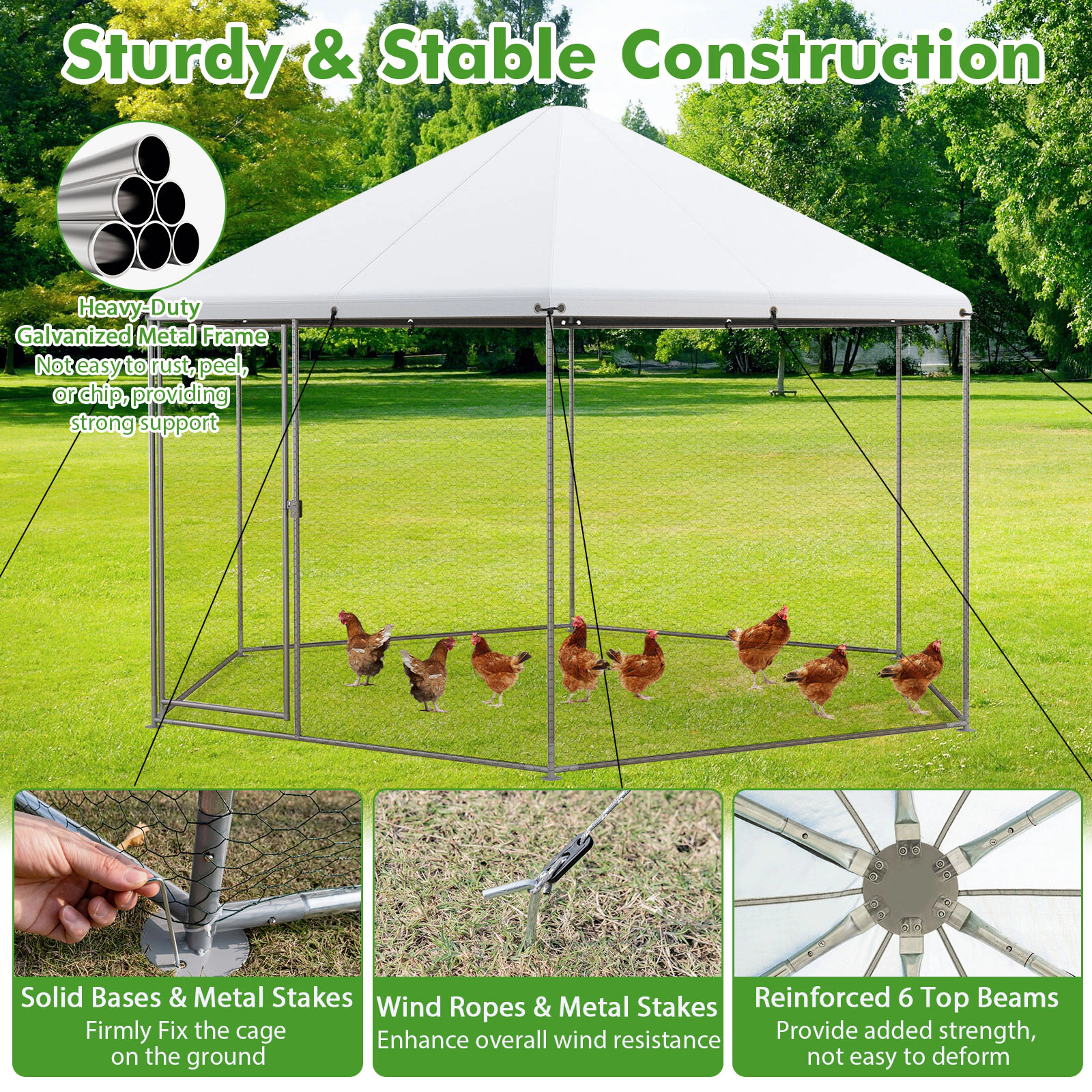 SUGIFT 13-ft Silver Hexagonal Walk-in Chicken Coop Poultry Cage with Oxford Cover and Wire Mesh