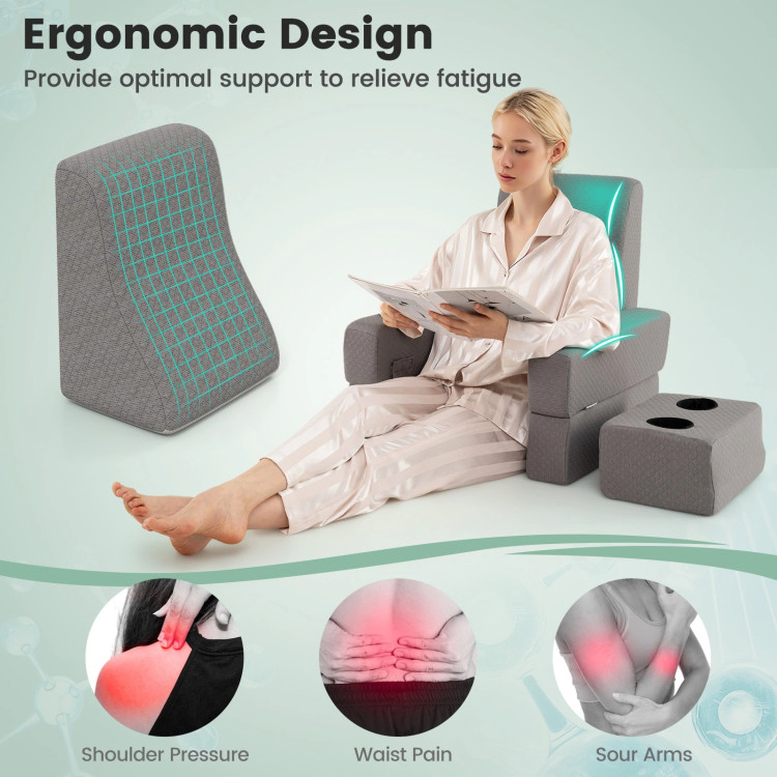 SUGIFT 3-Piece Ergonomic Reading Pillow Set Back Pillow Lap Desk Coaster 23 x 21.5 x 12-in 14.5 x 11 x 18.5-in Gray