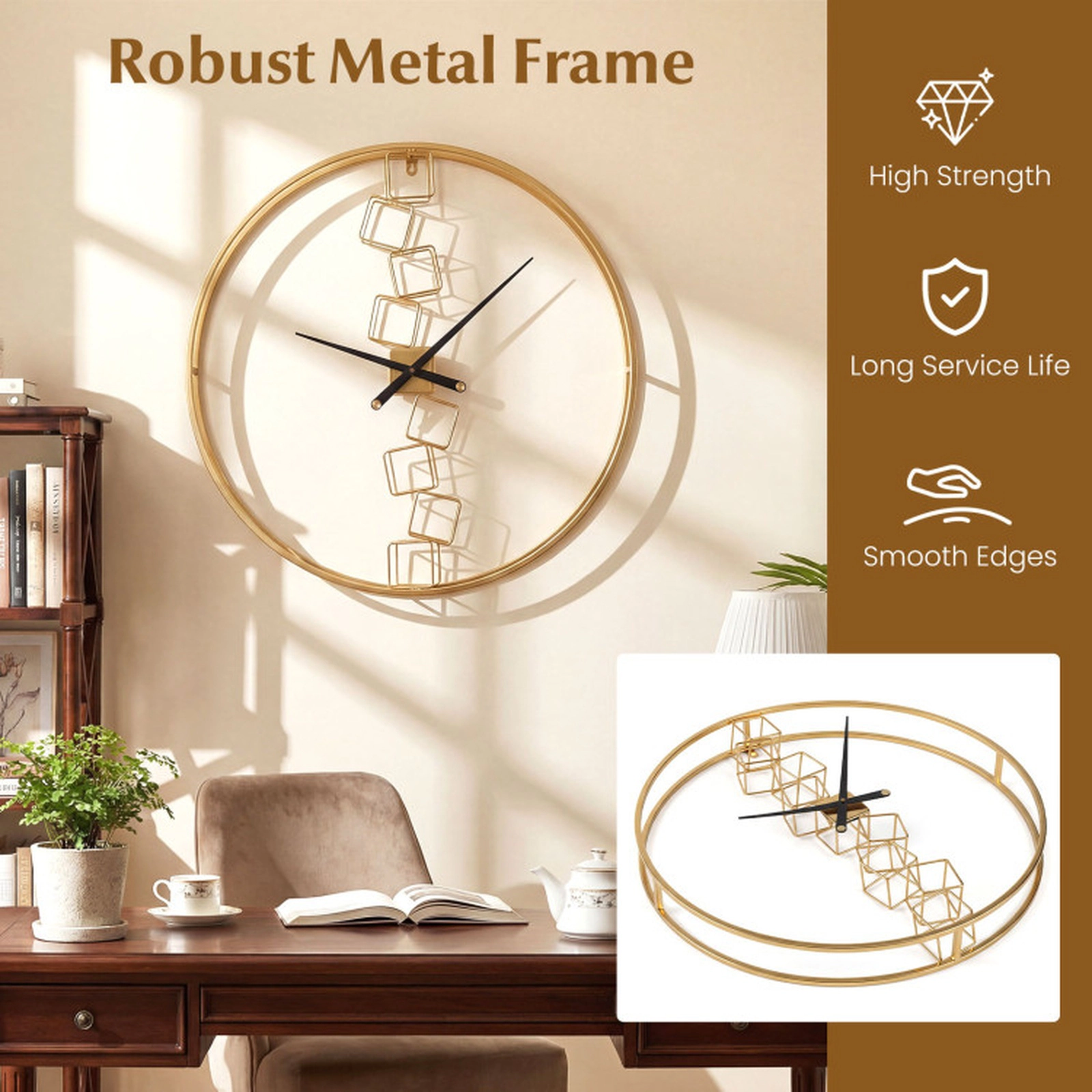 SUGIFT Yellow 27-in Large Non-Ticking Quartz Wall Clock with Metal Frame and Nordic Style Design