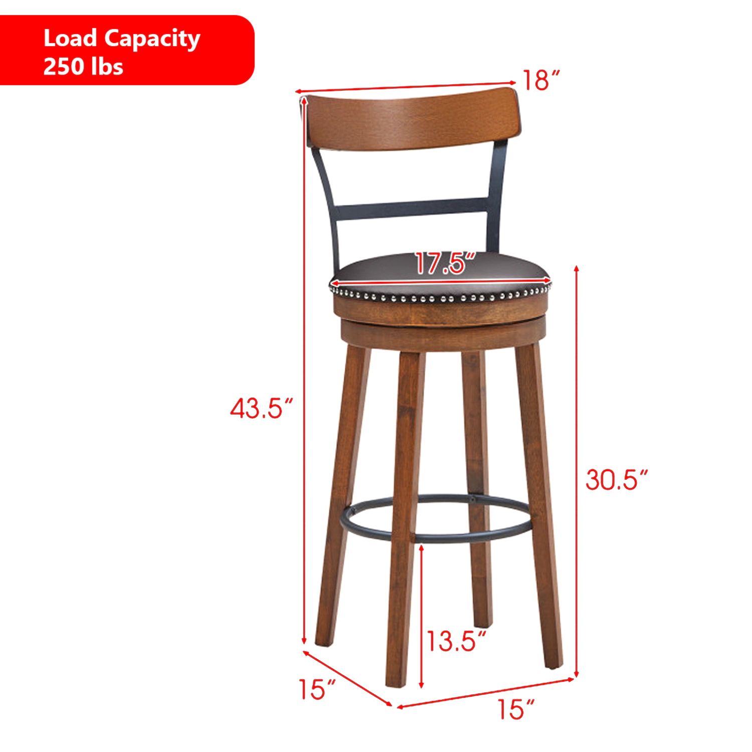 Hivvago Set of 2 Adjustable Swivel Counter Stools for Kitchen or Bar Use