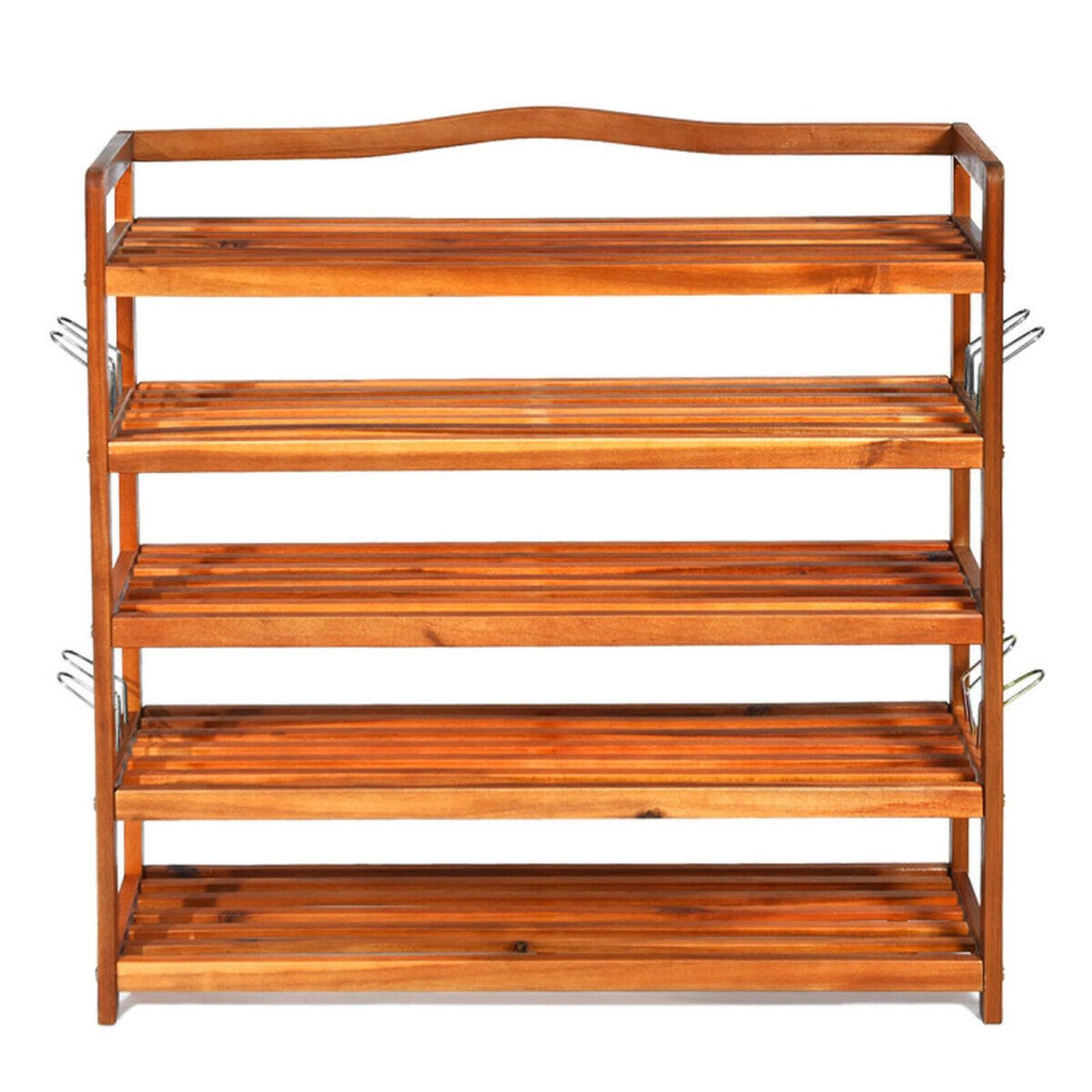SUGIFT 5-Tier Large Shoe Rack with Removable Shelves and Metal Hooks 180-lb Capacity per Layer Wood Color