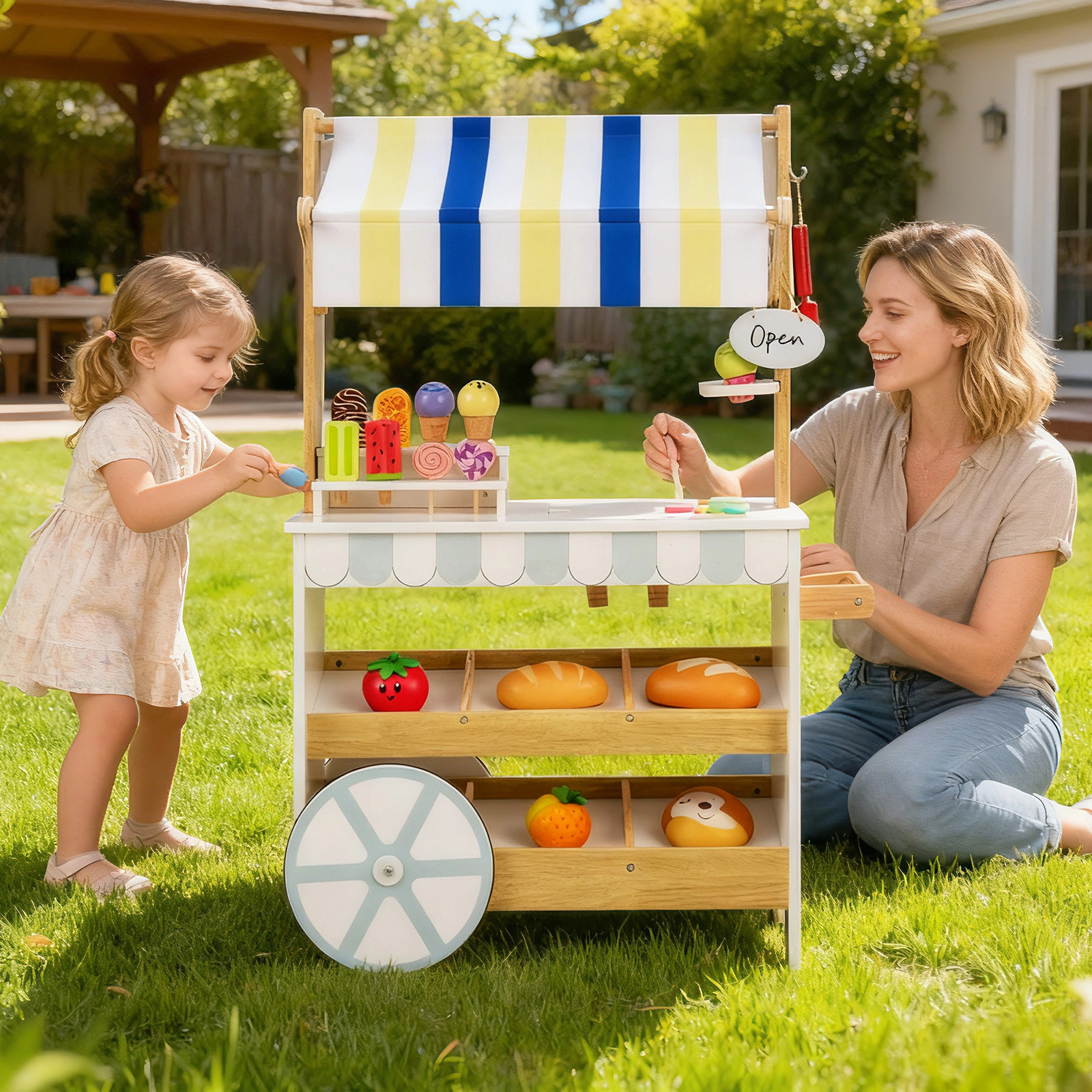 LJG Wooden Ice Cream Cart for Kids 2-in-1 Grocery Store Playset with Display Shelves