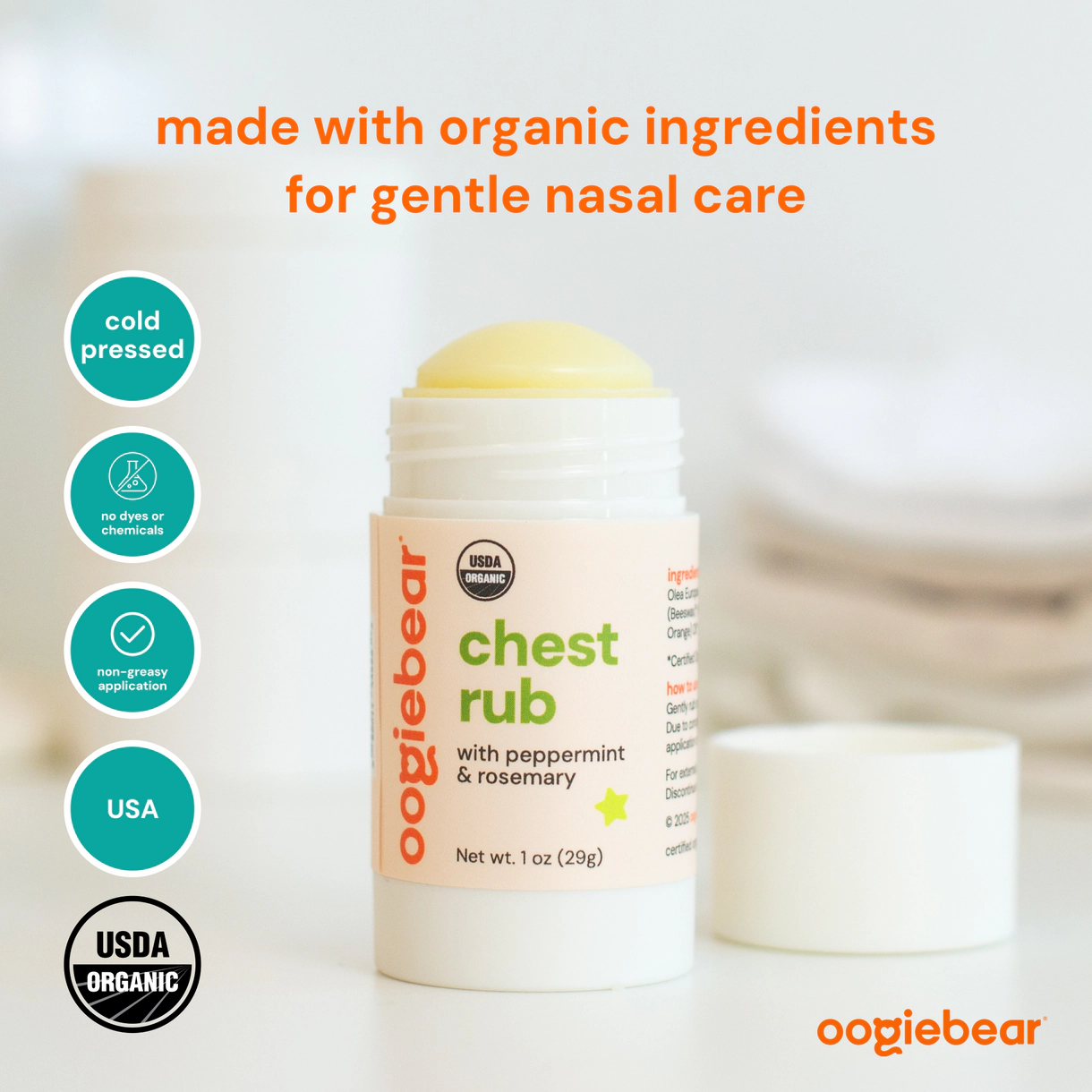 oogiebear Organic Chest Rub Balm 1 oz - Peppermint Rosemary, USDA Organic