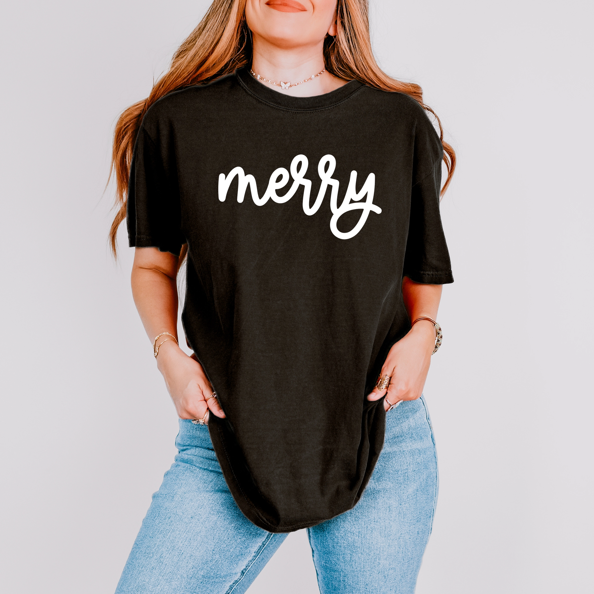 Simply Sage Market - Women's Garment Dyed Graphic T-Shirt Merry Bold Cursive Puff Print
