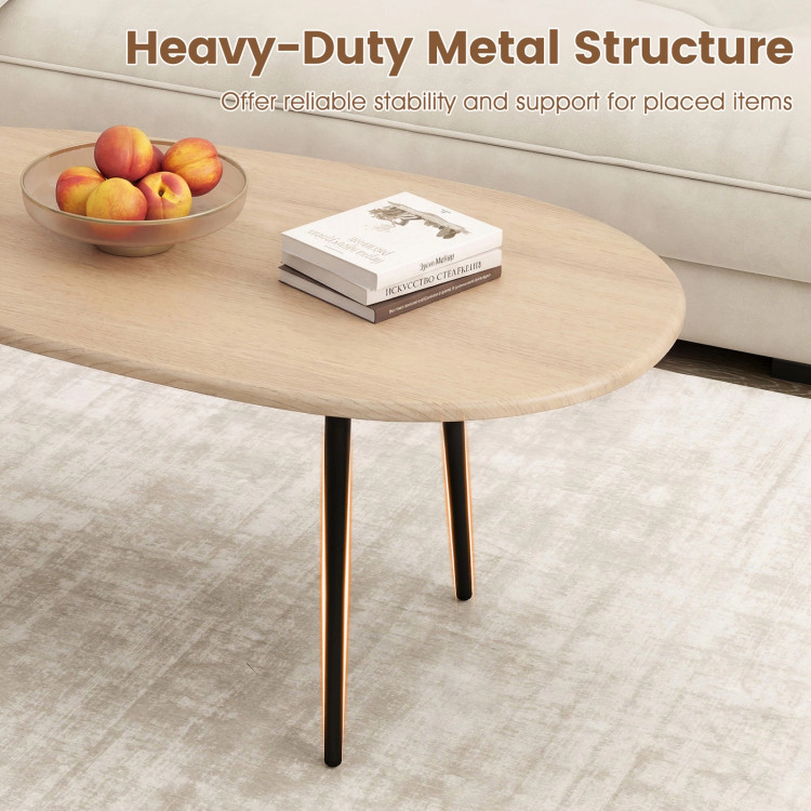 SUGIFT Mid Century Oval Coffee Table with Sturdy Metal Construction 99-lb Capacity Natural Walnut Gray Black