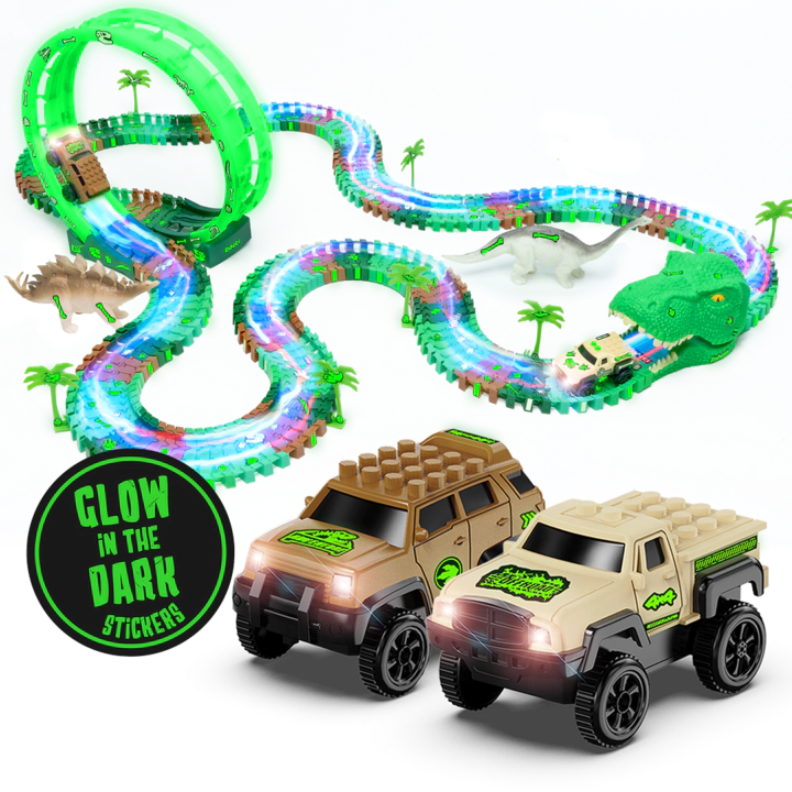 JitteryGit Kids Dino Track Wild Glow-in-the-Dark Race Set - 144-Piece Track with Loop & Dino Tunnel