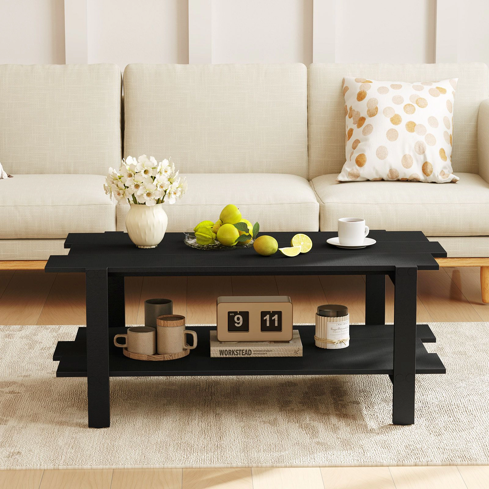 SlickBlue 2-Tier Coffee Table with Wood Slat Storage Shelf
