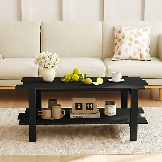 SlickBlue 2-Tier Coffee Table with Wood Slat Storage Shelf