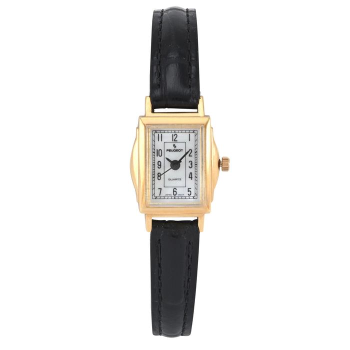 Peugeot Women's Vintage 14K Gold-Plated Rectangular Small Face Watch with Leather Strap