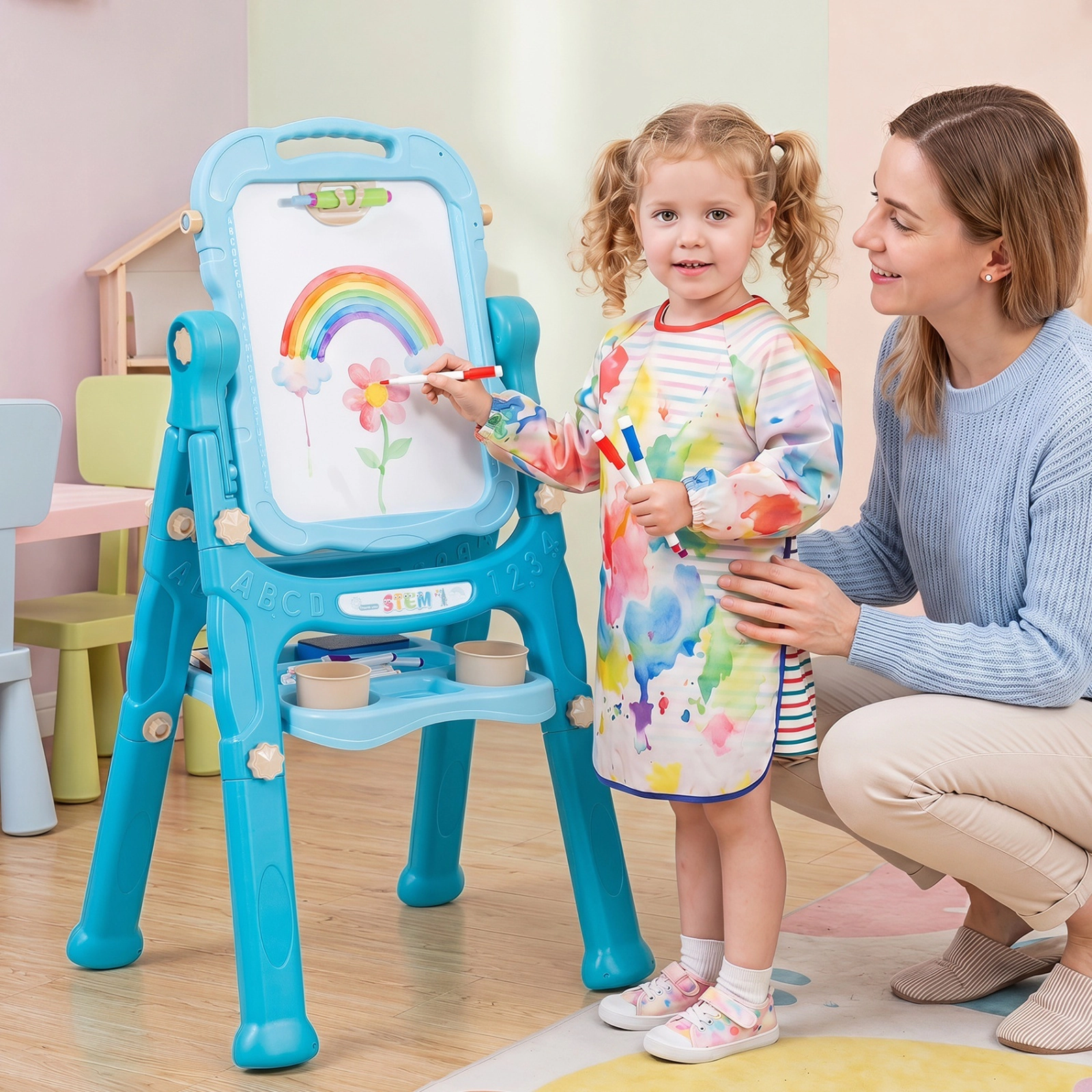 4-in-1 Kids Art Easel Chalk Magnetic Whiteboard Clipboard Drawing Modes 360-Degree Swivel Board 22 Accessories