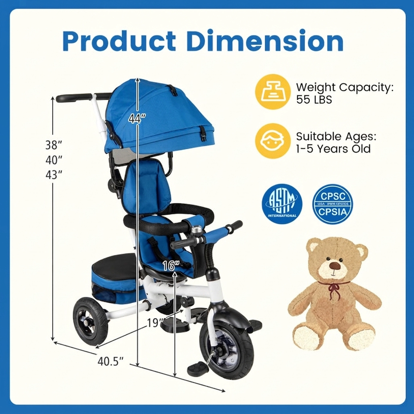 SUGIFT Folding Tricycle Baby Stroller with Reversible Seat and Adjustable Canopy 55-lb Capacity Ages 1-5 Blue