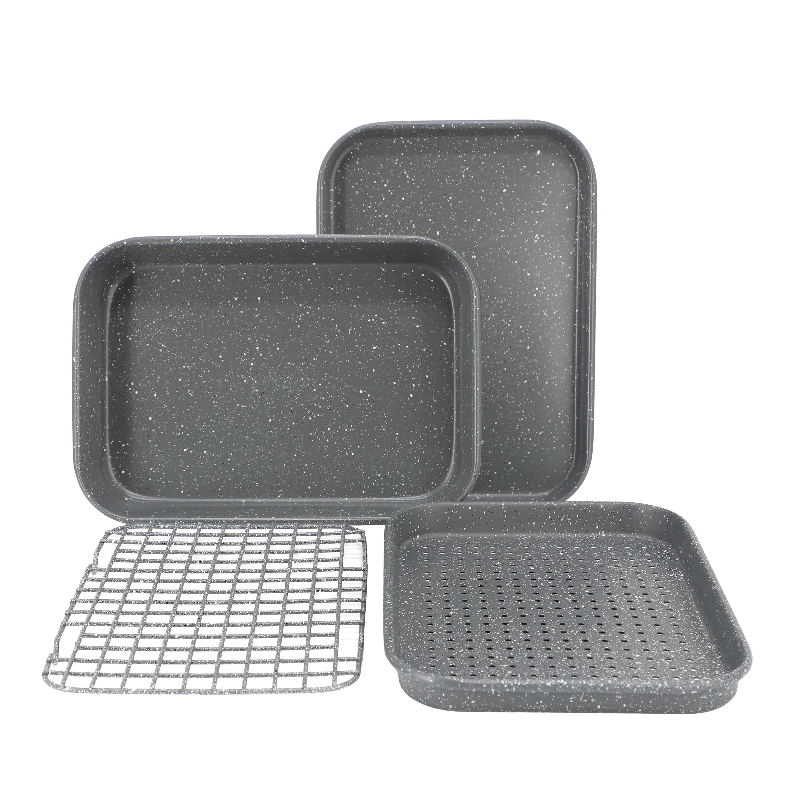 Oster Greystone 4 Piece Nonstick Carbon Steel Toaster Oven Bakeware Set in Speckled Grey